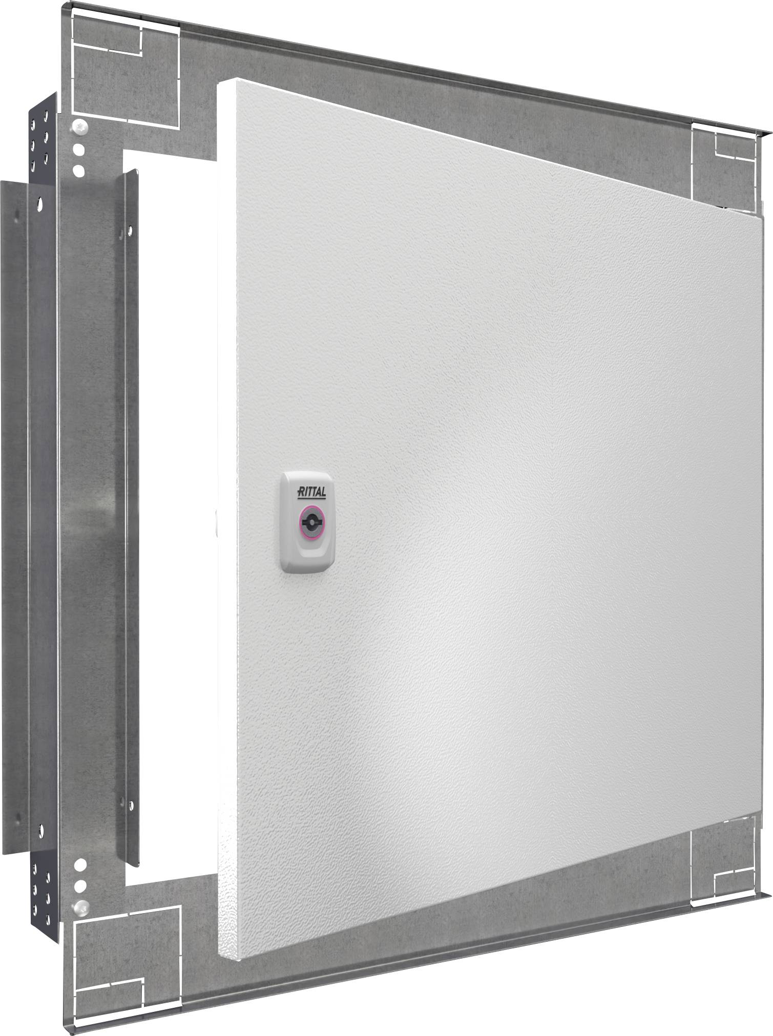 Eine weiße Serviceklappe mit Metallrahmen und einem kleinen Sicherheitsschloss in der Mitte, vor einem neutralen Hintergrund.