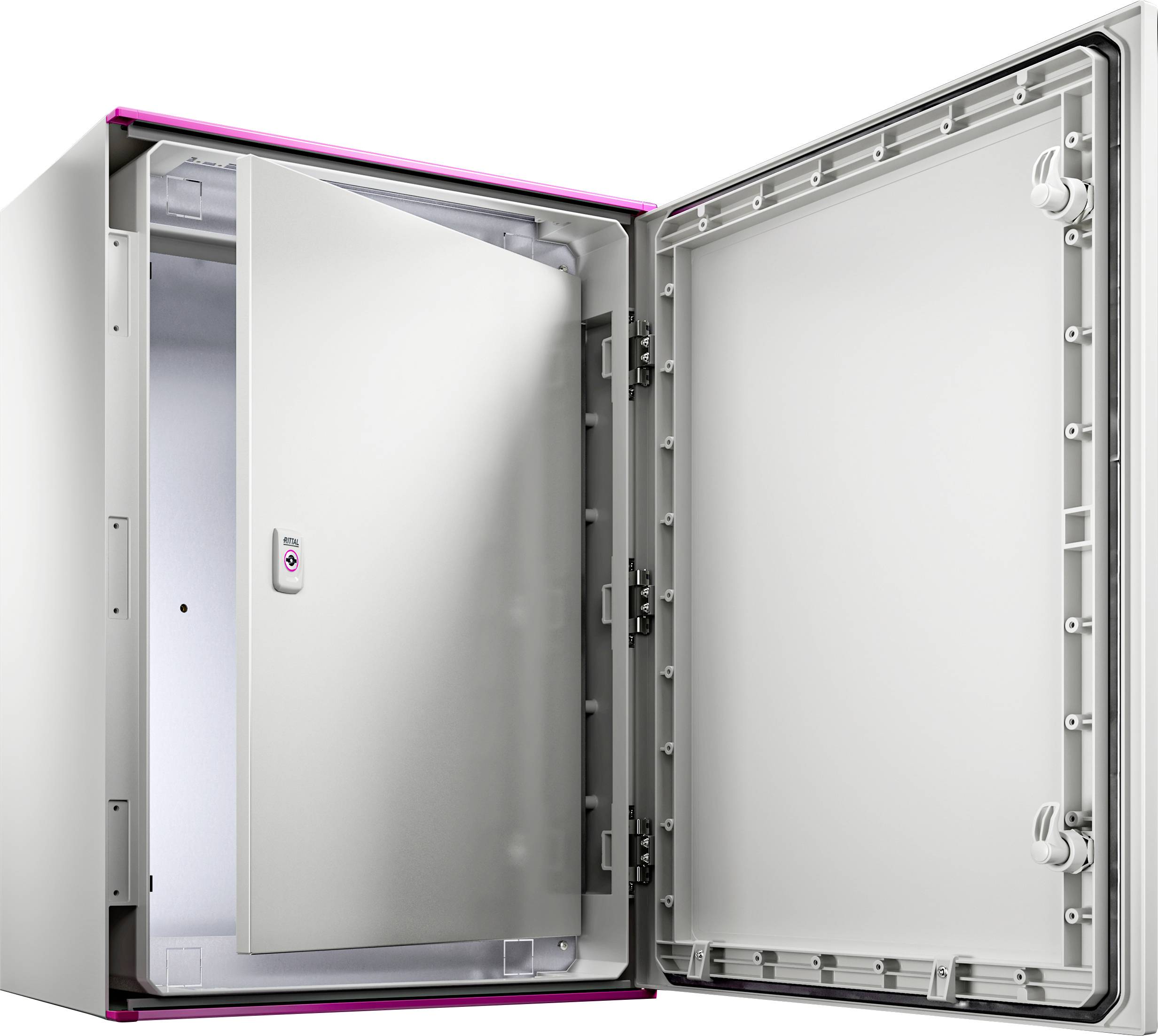 Kleiner grauer Schrank mit geöffneter Fronttür. Er zeigt den Innenraum mit einem zusätzlichen kleineren offenen Fach auf der linken Seite.