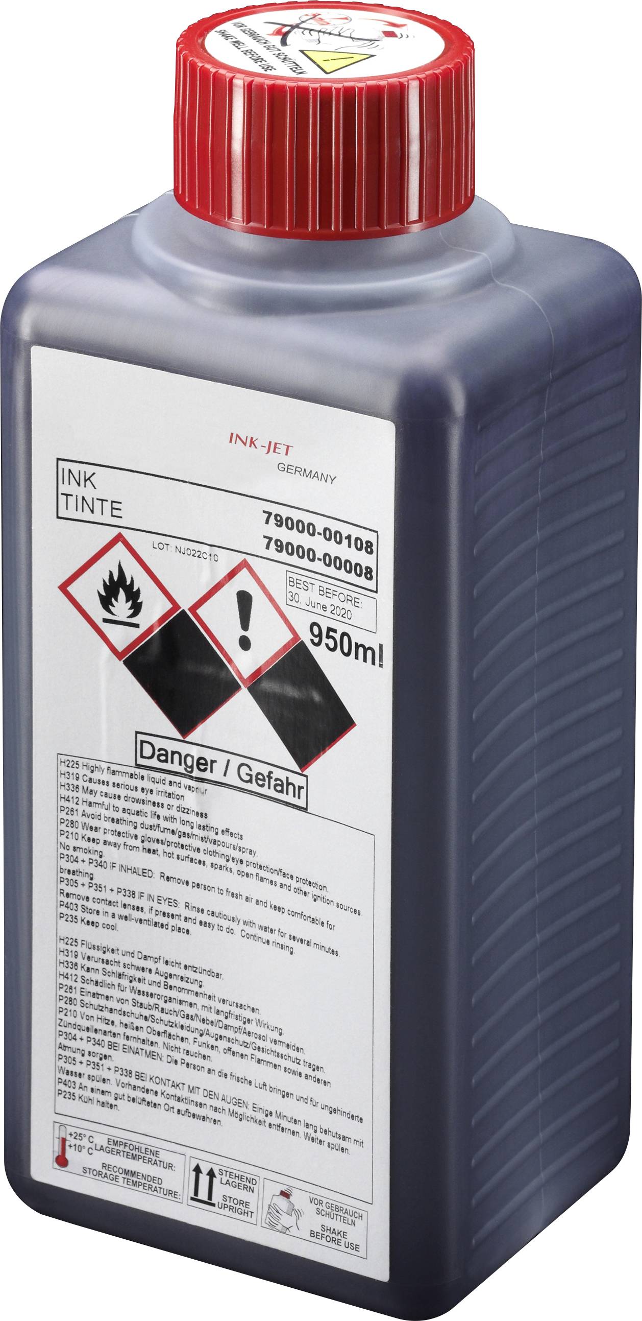 Flasche mit grauer Tinte, 950 ml, Etikett mit Warnsymbolen für Entflammbarkeit und Vorsicht, Hinweis 'Danger/Gefahr' auf Deutsch/Englisch.