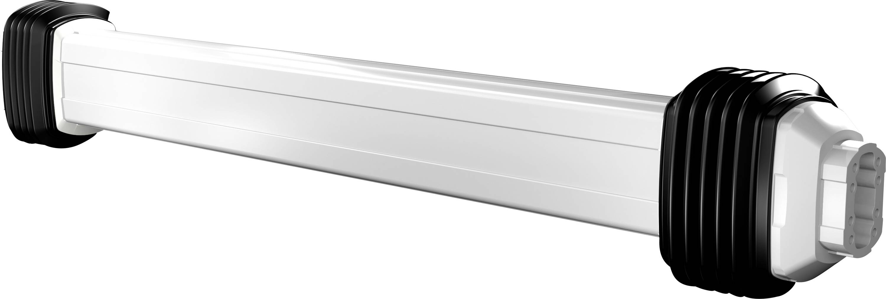Eine weiße, längliche LED-Leuchte mit schwarzen Endkappen.