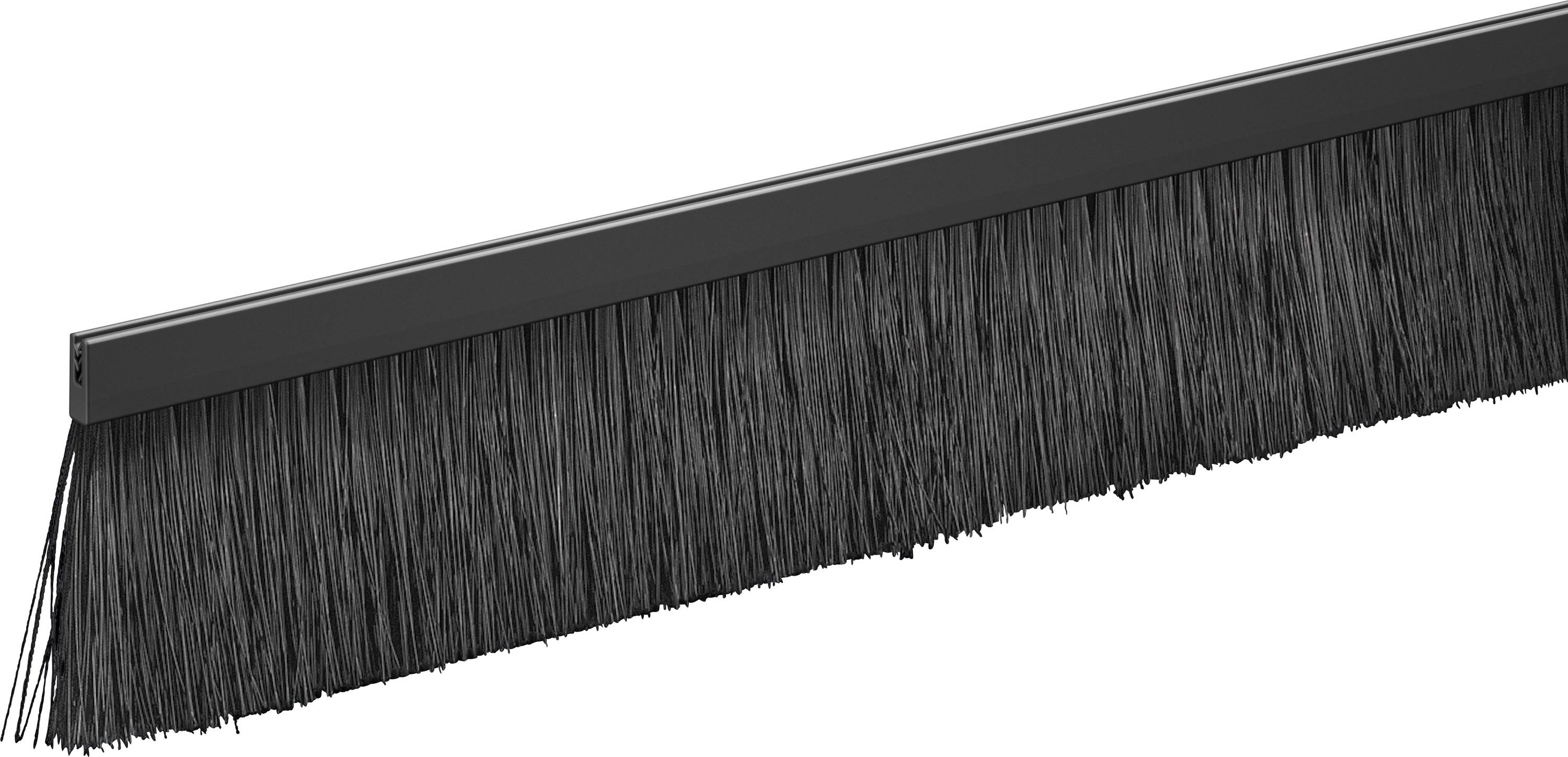 Eine schwarze Bürstenleiste mit langen Borsten, verwendet zur Abdichtung von Türen oder zum Schutz vor Staub und Zugluft.