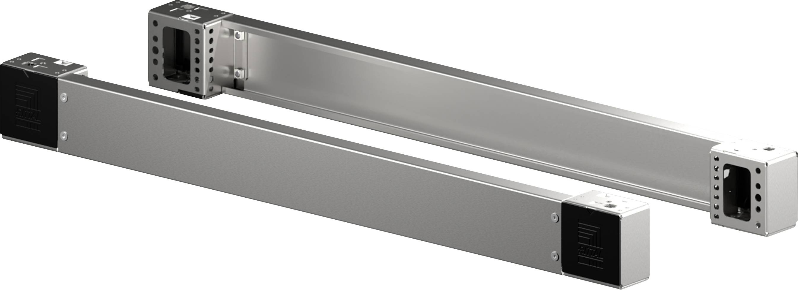 Zwei lineare Antriebseinheiten mit rechteckigem Querschnitt in silberner Farbe, die parallel nebeneinander liegen.