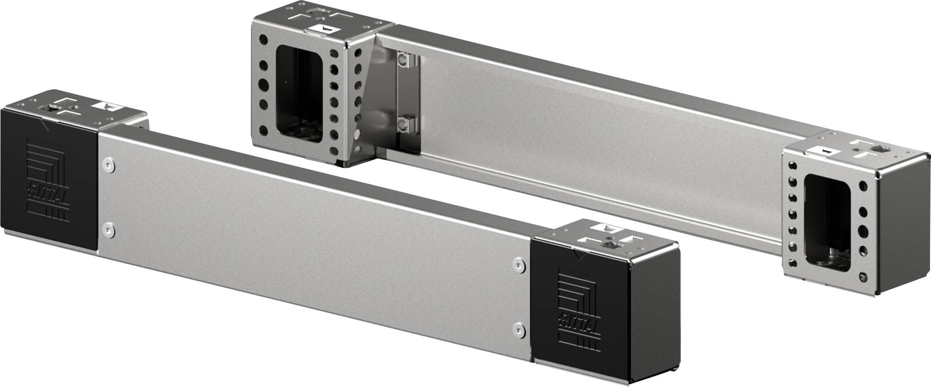 Zwei silberne, rechteckige Metallkomponenten mit schwarzen Endteilen, möglicherweise Teile eines industriellen oder mechanischen Systems.