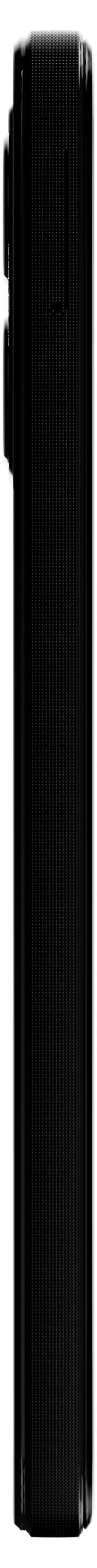 Ein schwarzes Smartphone von der Seite, das geschlossen ist. Man sieht die Kanten und die hervorstehende Kamera auf der Rückseite.