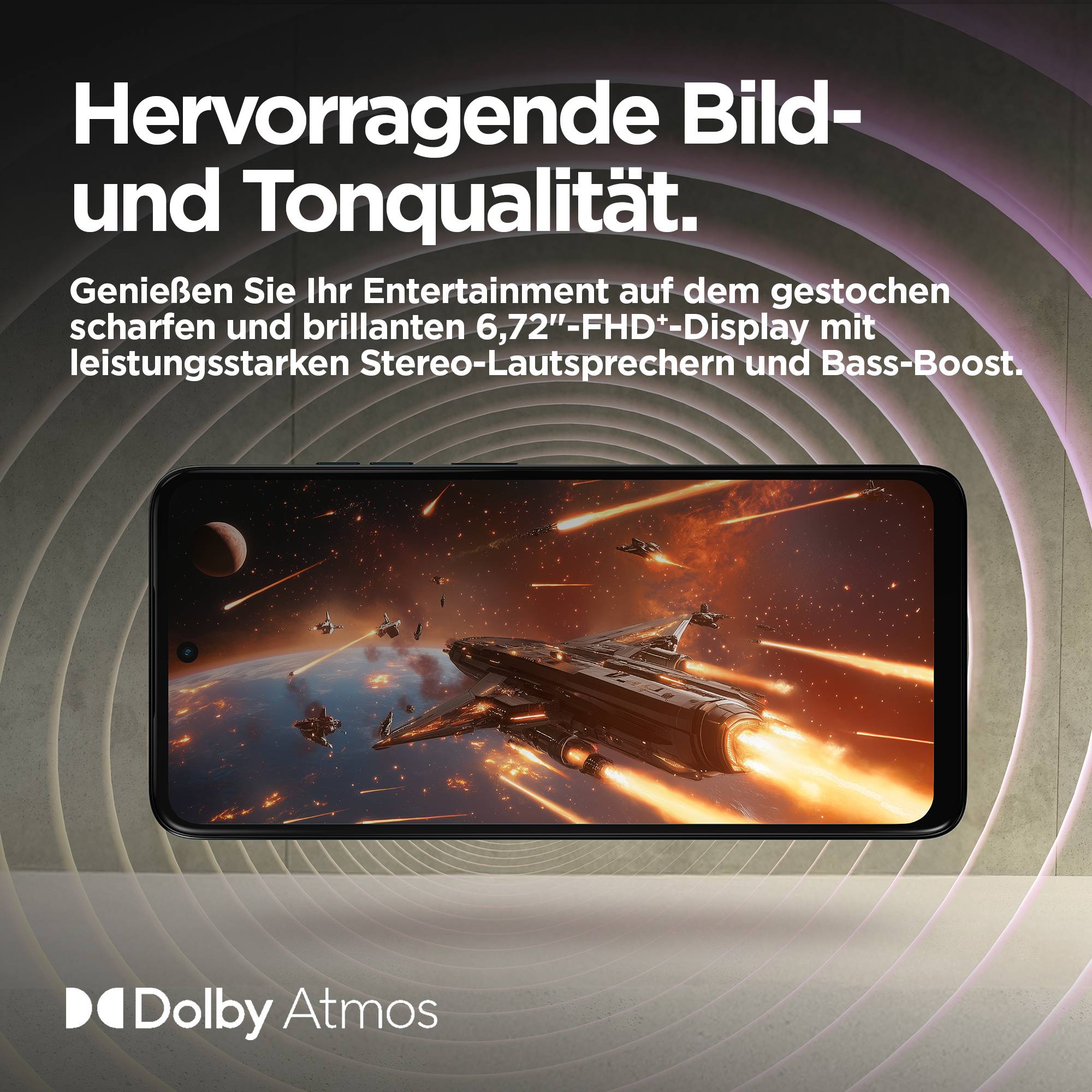Ein Smartphone mit einem lebhaften Bildschirm zeigt ein Weltraumspiel. Text: 'Hervorragende Bild- und Tonqualität.' Markenlogo unten.