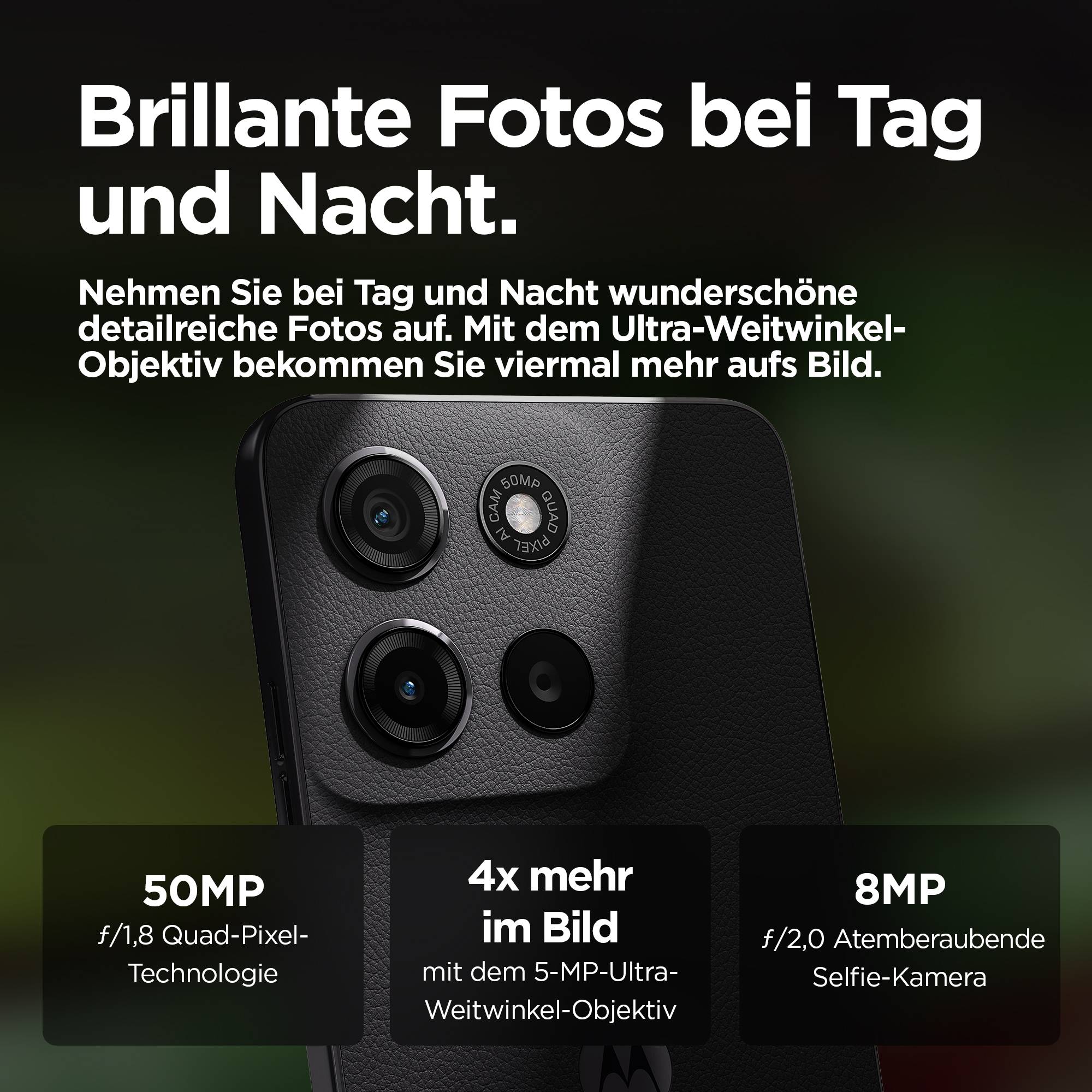Smartphone mit drei Kameralinsen zeigt Text: 'Brillante Fotos bei Tag und Nacht.'; hebt Ultra-Weitwinkel-Objektiv und Kameraeigenschaften hervor.