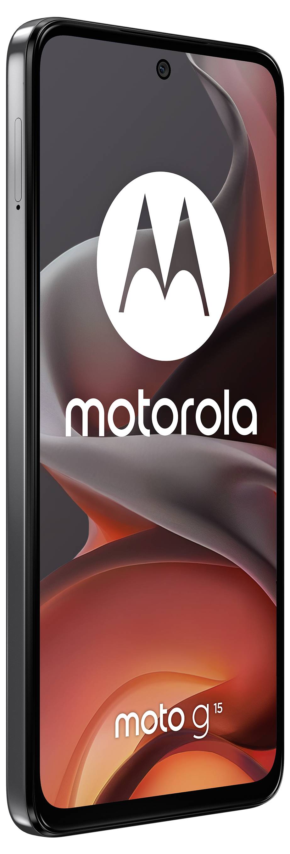 Ein schwarzes Motorola-Smartphone mit 'motorola' und Logo auf dem Bildschirm. Modell: moto g. Bildschirm zeigt abstrakte rote Wellen.