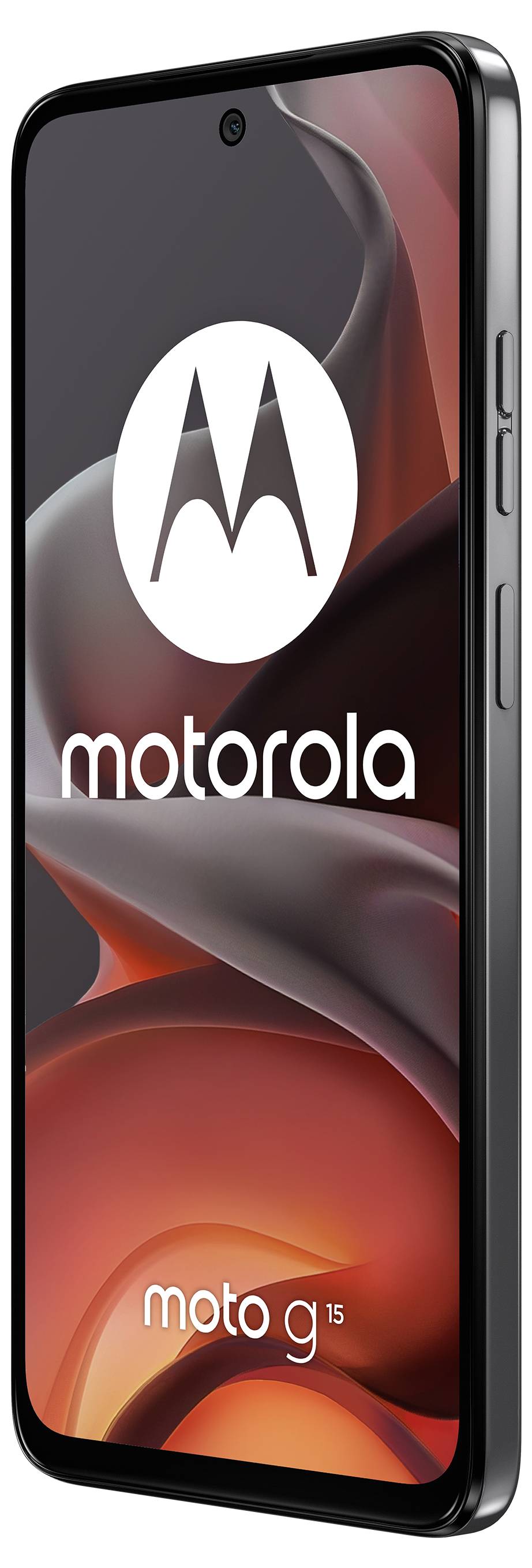 Das Bild zeigt ein Motorola-Smartphone, wahrscheinlich das Modell Moto G15, aus seitlicher Perspektive mit leuchtendem Display.