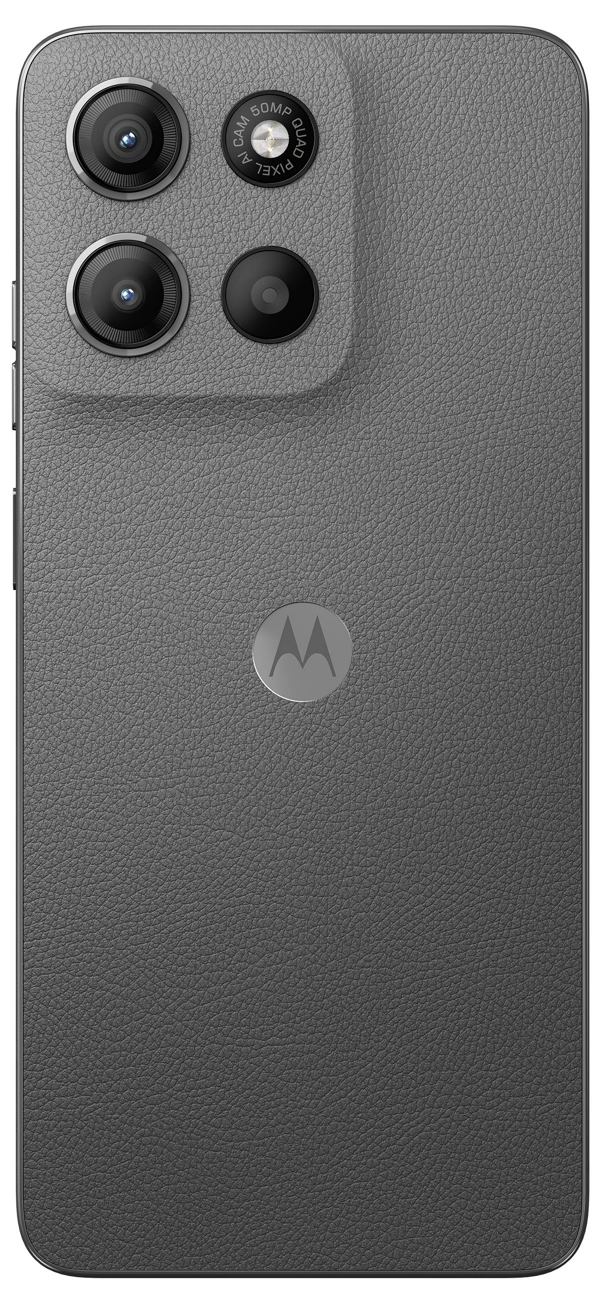 Graues Smartphone mit drei Kameralinsen auf der Rückseite. Motorola-Logo in der Mitte.