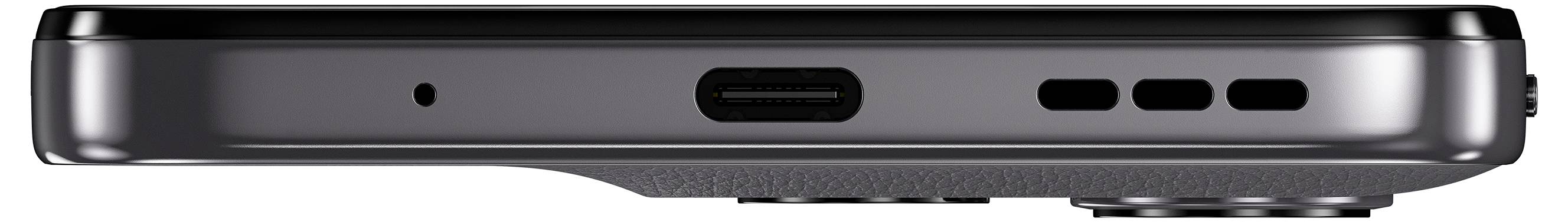 Eine Seitenansicht eines schwarzen Smartphones mit einem USB-C-Anschluss in der Mitte und Lautsprechergittern rechts davon.