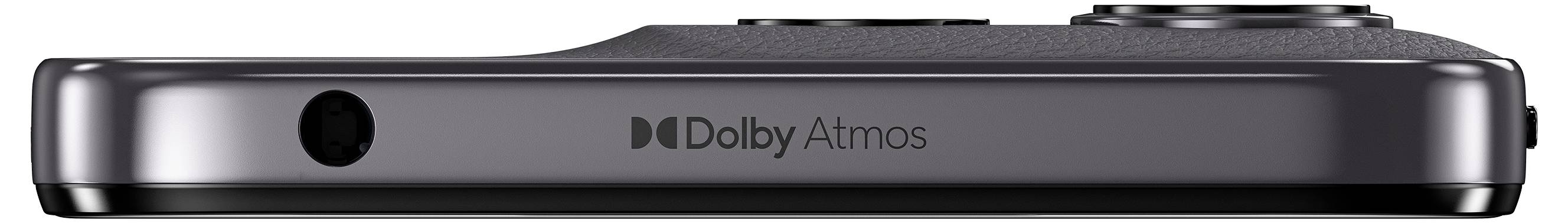 Seitenansicht eines violetten Smartphones mit „Dolby Atmos