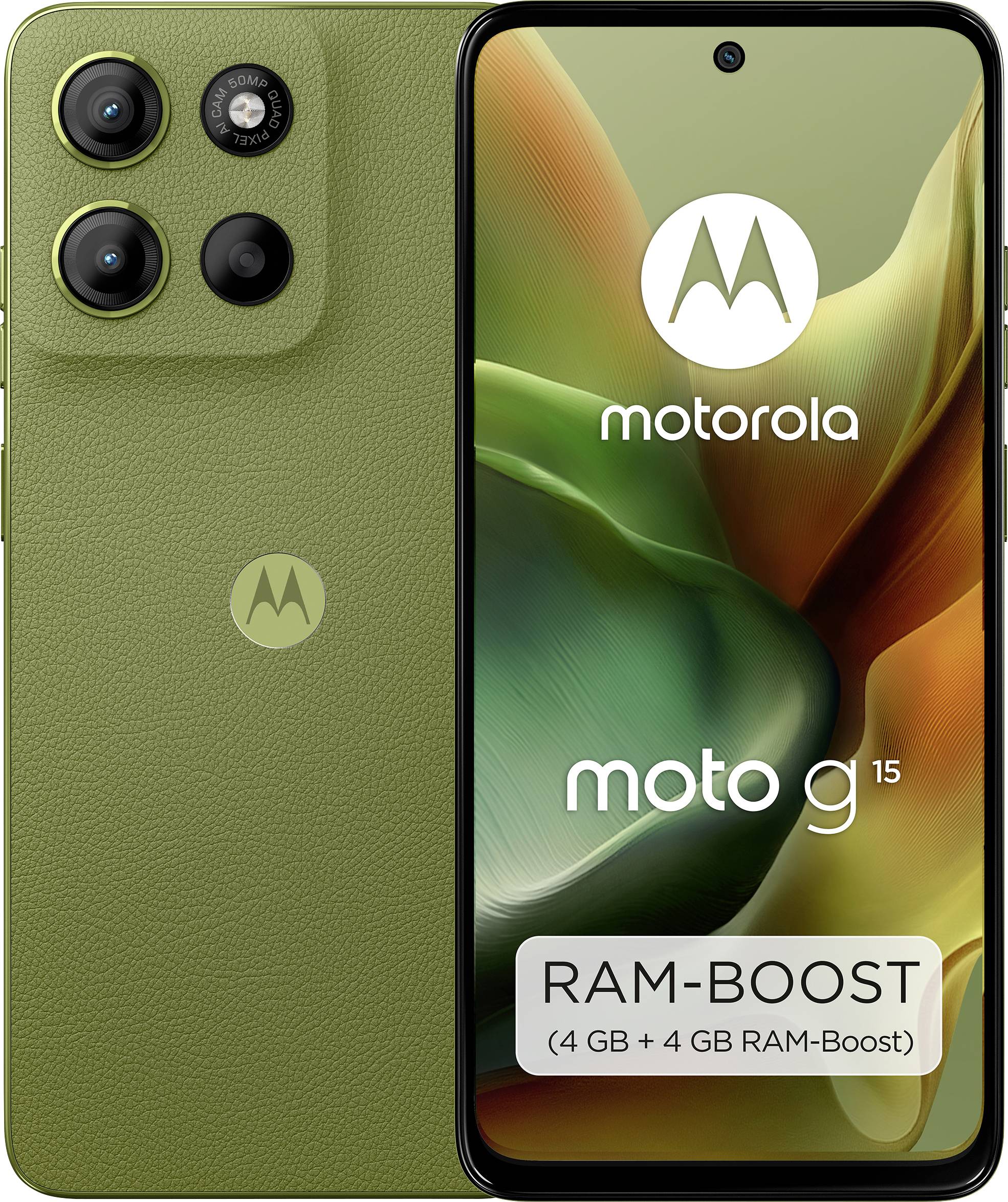 Ein grünes Motorola Moto G15 Smartphone mit 'motorola' und 'moto g15' auf dem Bildschirm. Highlight: 'RAM-BOOST (4 GB + 4 GB)'.
