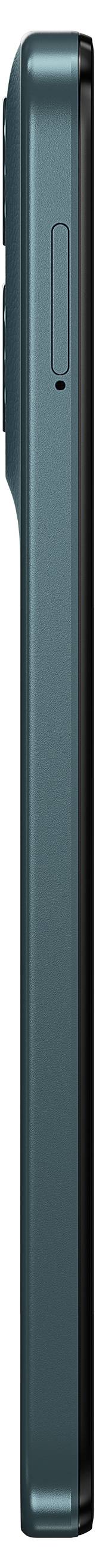 Seitenansicht eines schlanken Smartphones mit grünlichem Metallicfinish und einer einzelnen Lautstärketaste an der Seite.