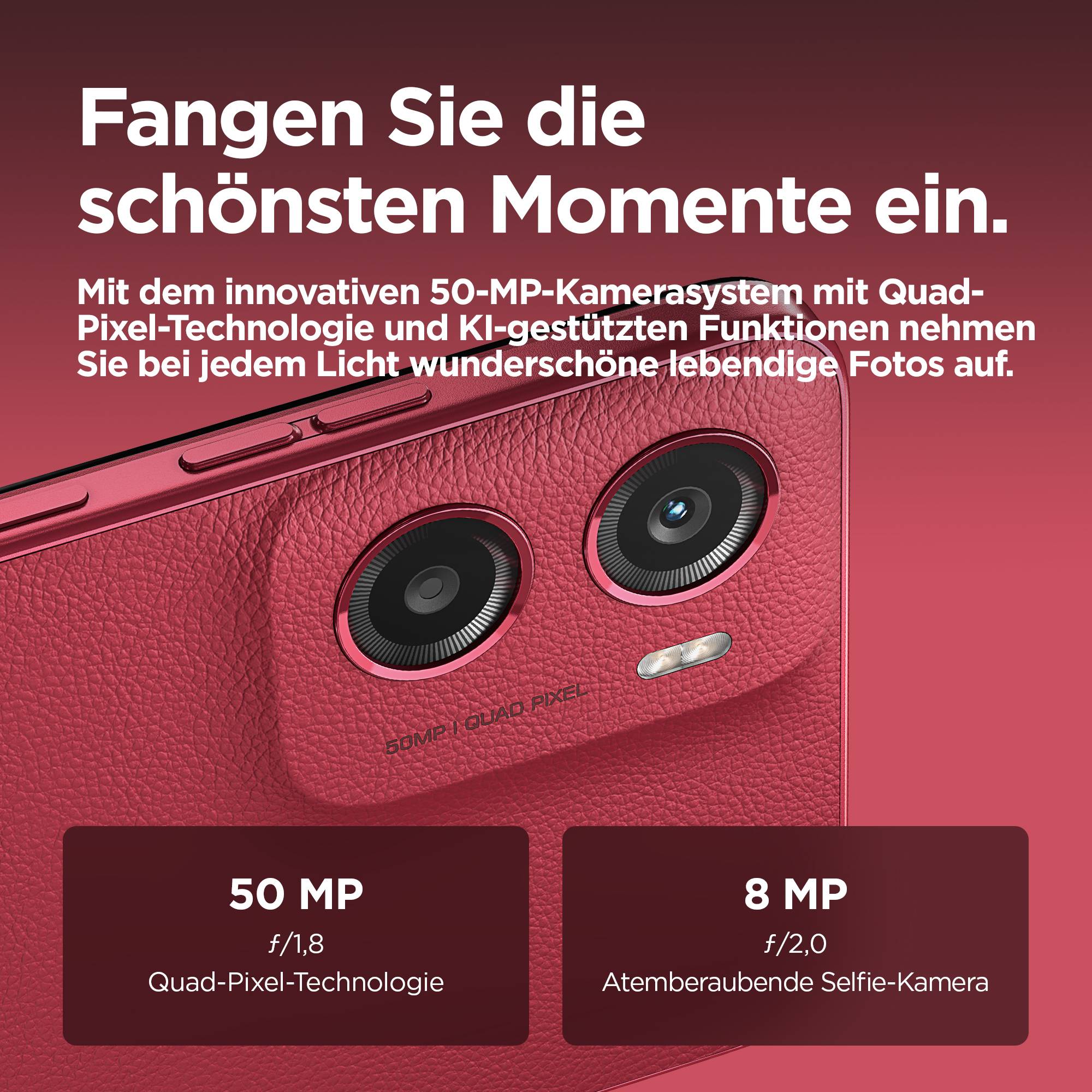 Ein rotes Smartphone mit 50-MP- und 8-MP-Kamera wird beworben. Text beschreibt Funktionen wie Quad-Pixel-Technologie und KI-Unterstützung.