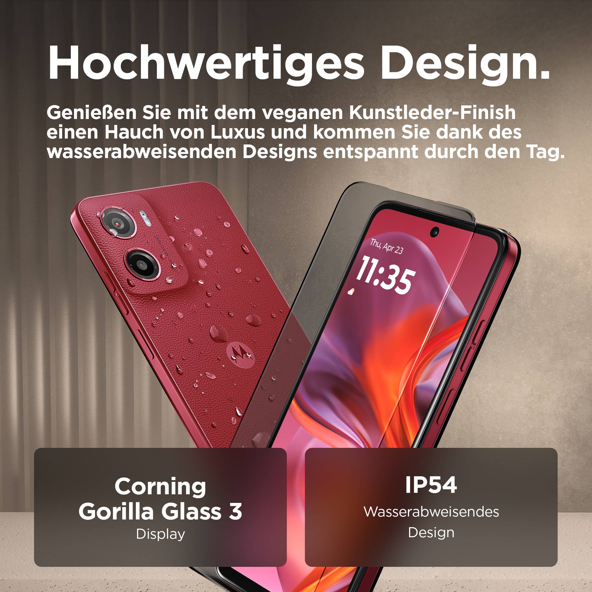 Zwei Smartphones, eines mit rotem Kunstleder-Finish, zeigen Wasserbeständigkeit und hochwertige Materialien.