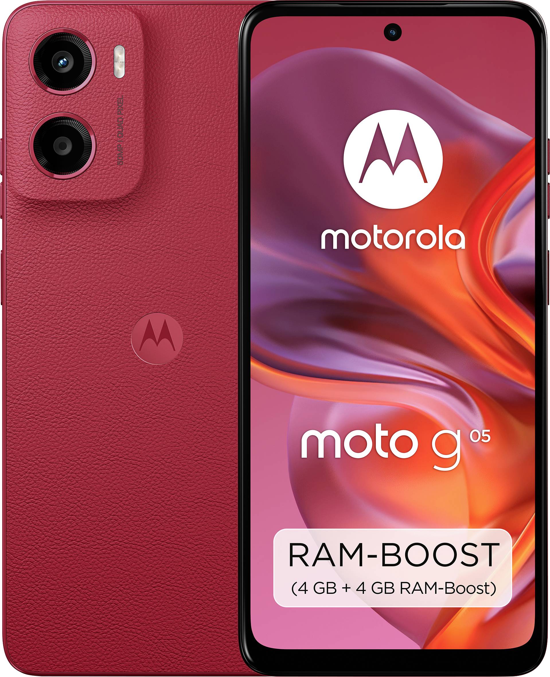 Ein rotes Smartphone von Motorola, Modell 'moto g05', mit dualer Kamera und RAM-Boost-Feature, angezeigt auf einem dynamischen Bildschirmhintergrund.