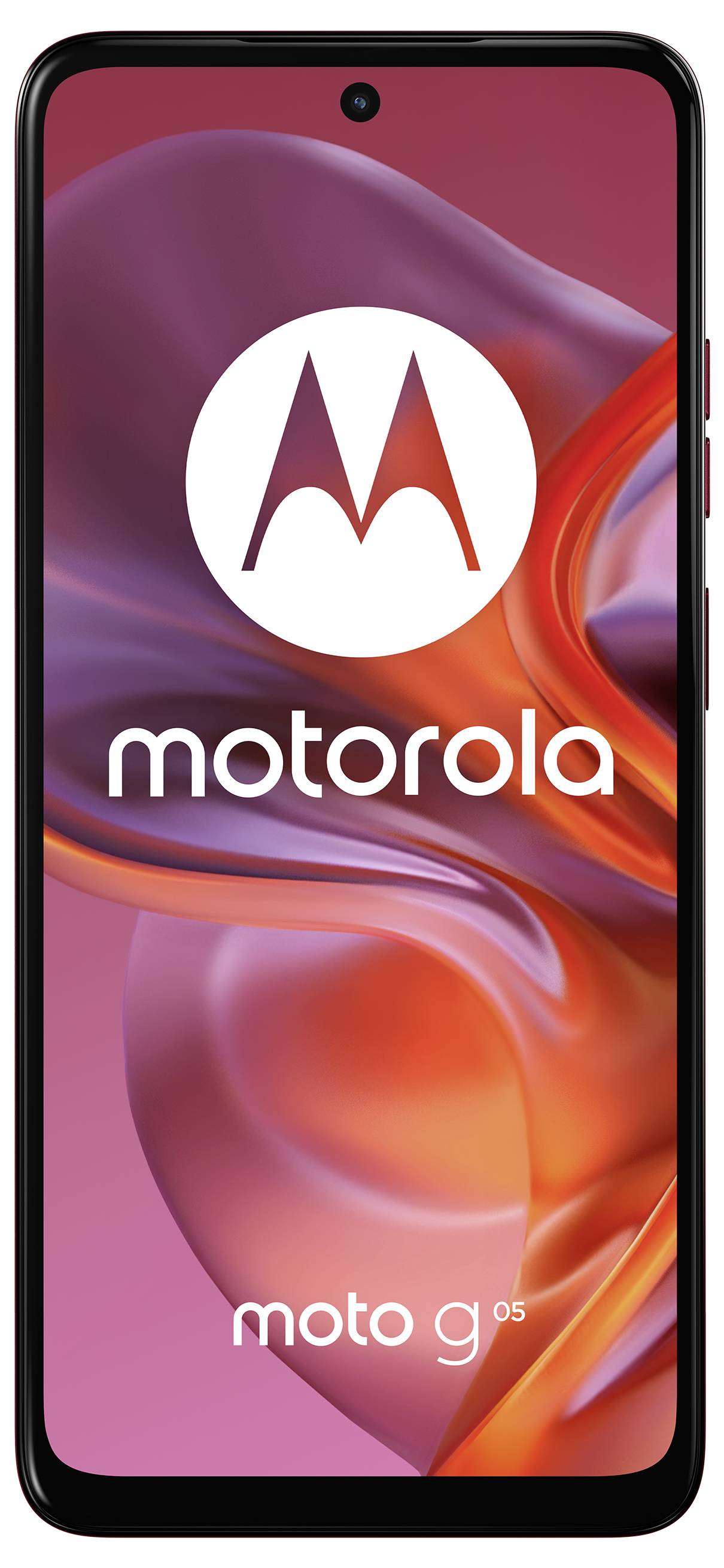 Ein Smartphone mit Motorola-Logo und 'moto g 05' Text auf dem Bildschirm vor einem abstrakten roten Hintergrund.