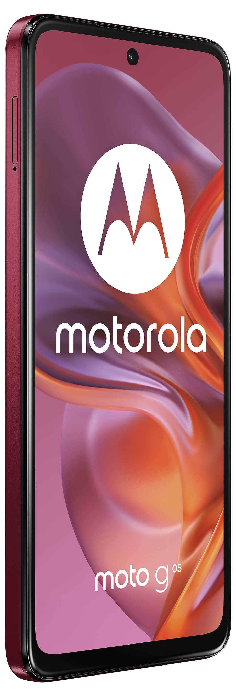 Smartphone in Rot mit großem Display. Motorola-Logo und Text 'moto g'. Modernes Design mit einem Kameraloch oben in der Mitte.