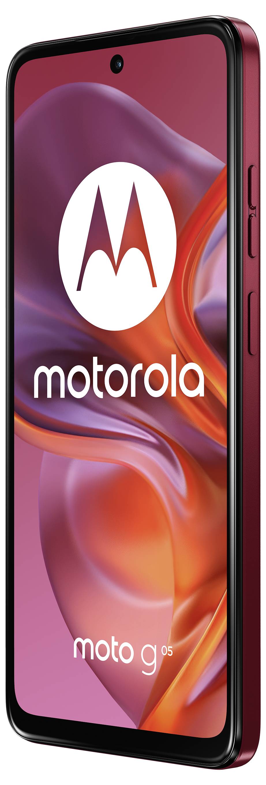 Ein Smartphone mit rotem Rand zeigt das Motorola-Logo auf dem Bildschirm, darunter steht 'moto g'. Das Display zeigt eine abstrakte, rosafarbene Grafik.