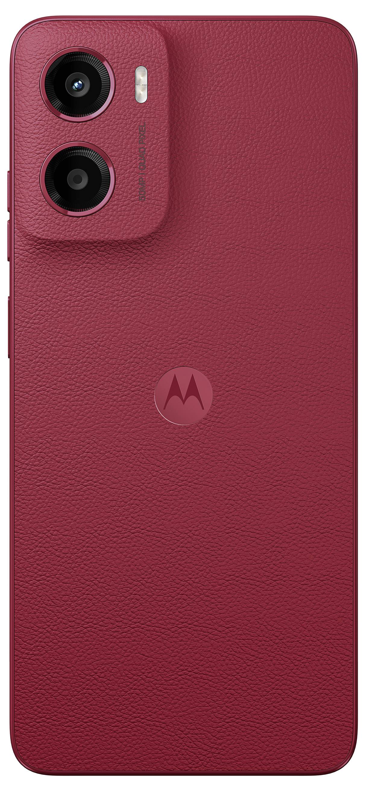 Rotes Smartphone von hinten mit zwei Kameralinsen und Motorola-Logo in der Mitte.