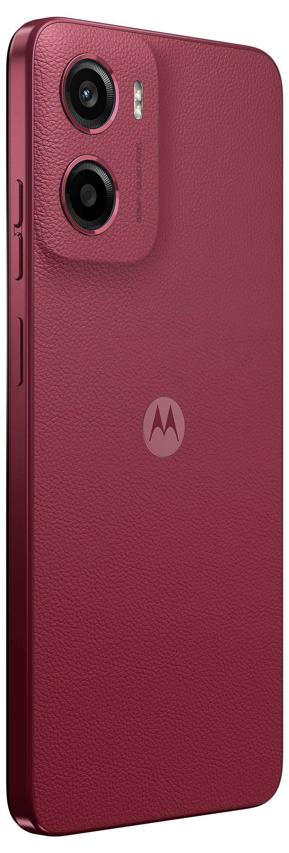 Rotes Smartphone mit zwei Kameras auf der Rückseite, seitlichen Lautstärketasten und der Motorola-Logo in der Mitte.