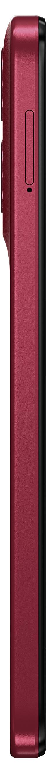 Schmale Seitenansicht eines roten Klapp-Smartphones, mit sichtbarem Lautstärkeregler und schwarzem Klappgelenk.