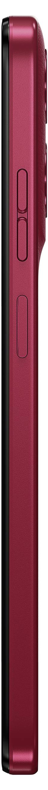 Rote Smartphone-Seitenansicht mit zwei sichtbaren Tasten auf der rechten Seite.