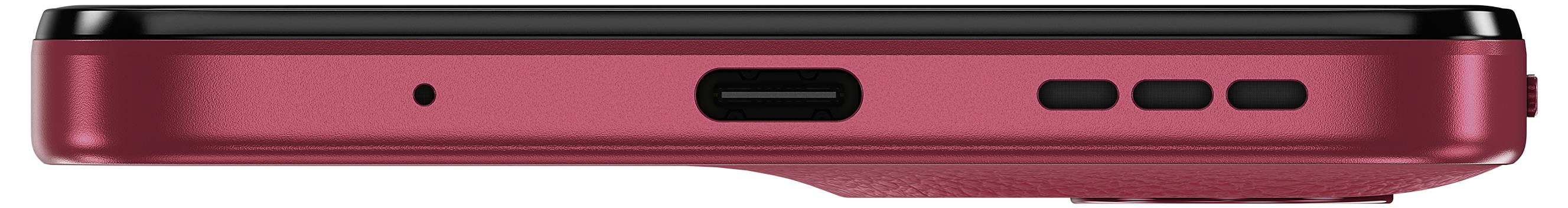 Rotes Mobiltelefon in Seitenansicht mit Lautstärketasten und Ladeanschluss.