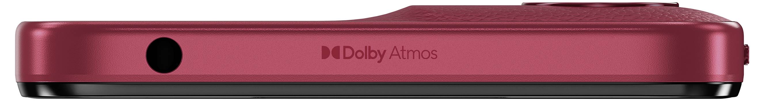Rote, schlanke Soundbar von der Seite, mit dem Aufdruck 'Dolby Atmos'.