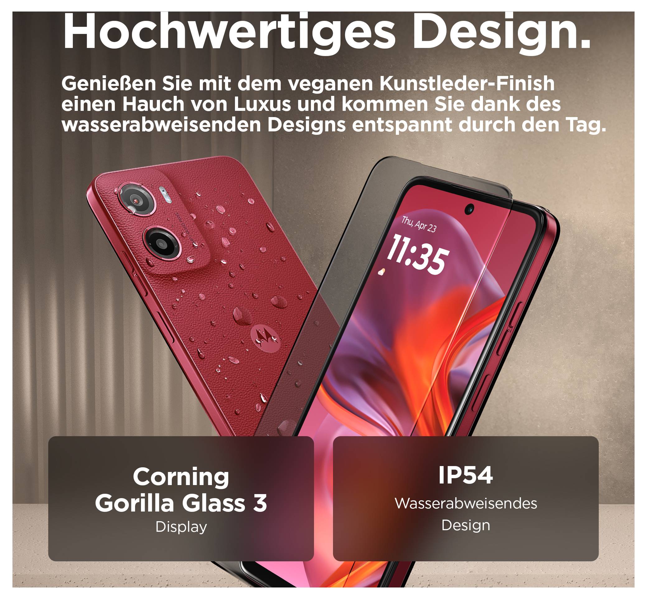 Ein rotes Smartphone mit doppelter Kamera und Loch-Design-Display wird gezeigt. Text betont hochwertiges, wasserabweisendes Design mit Corning Gorilla Glass 3.