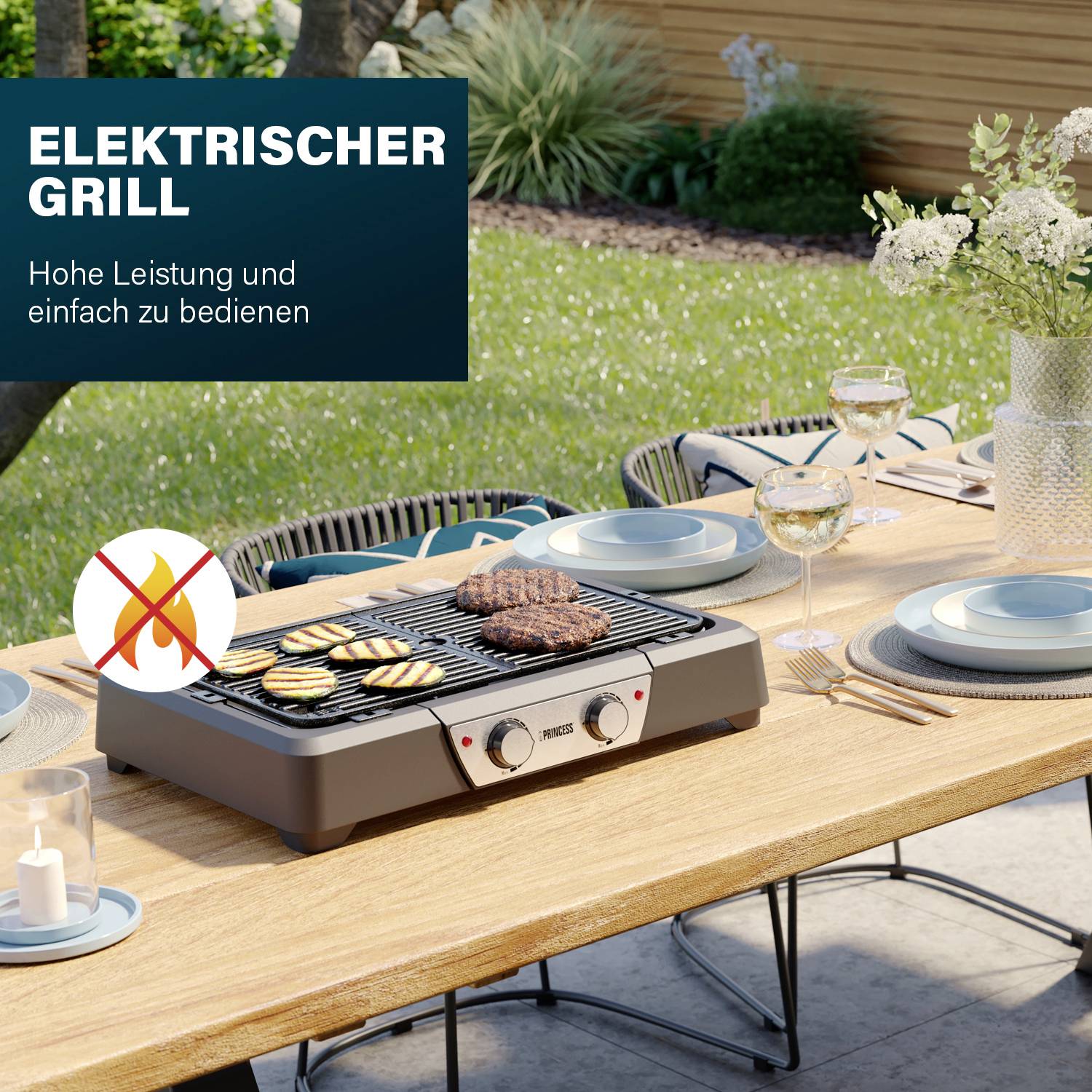 Elektrischer Grill auf gedecktem Tisch im Garten mit Tellern und Besteck. Text: 'Elektrischer Grill - Hohe Leistung und einfach zu bedienen'.