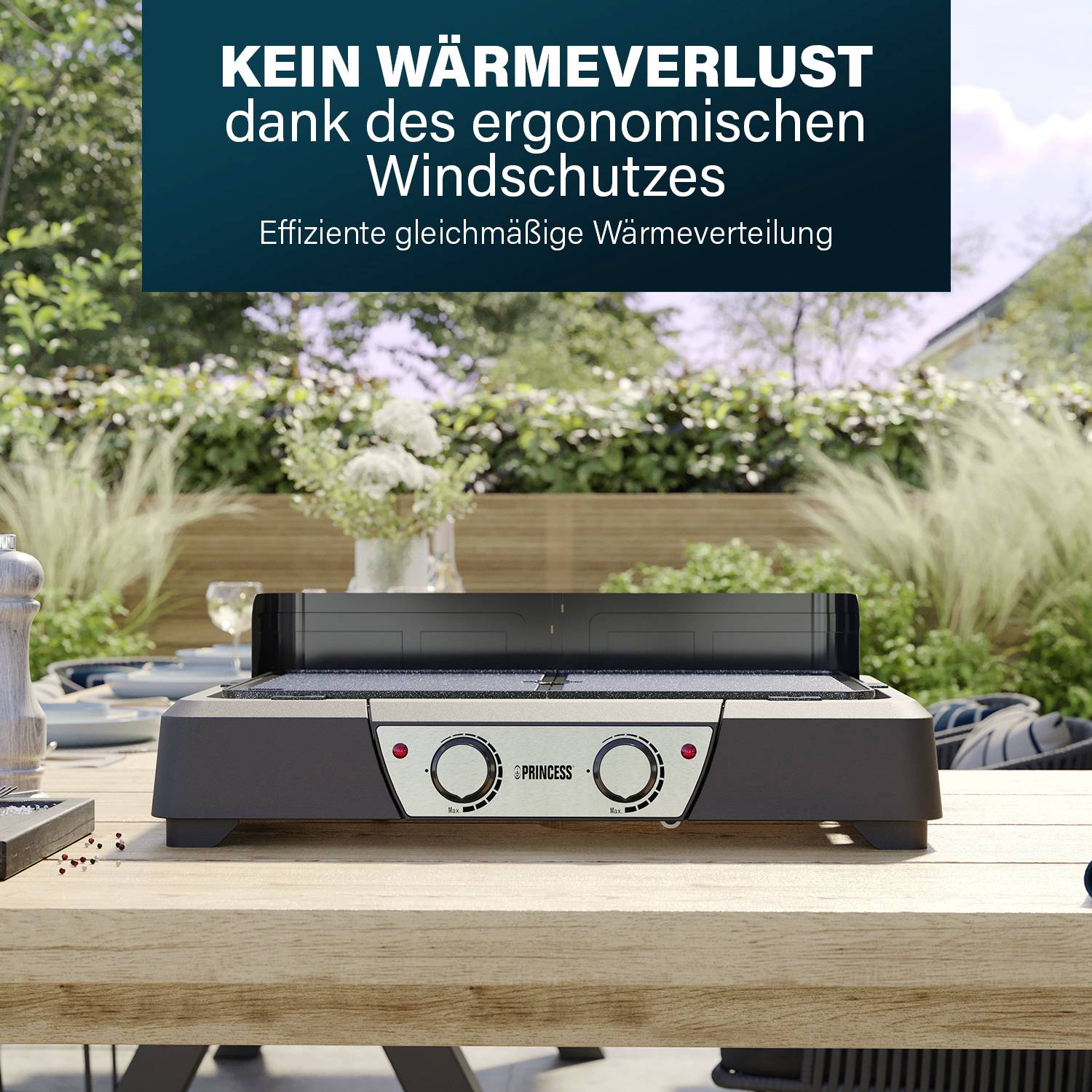 Grill auf einem Tisch im Freien mit Text: 'Kein Wärmeverlust dank des ergonomischen Windschutzes. Effiziente gleichmäßige Wärmeverteilung.'