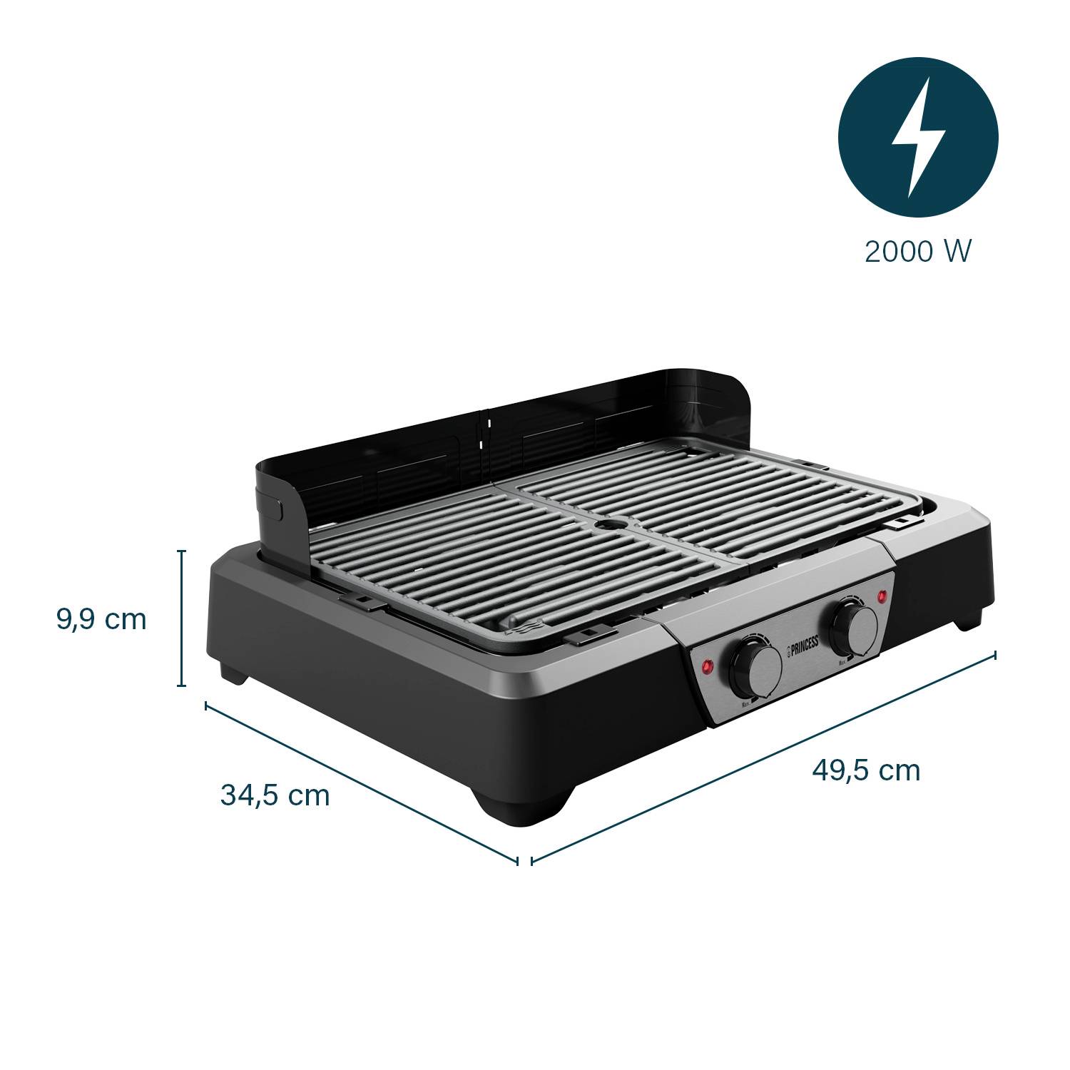 Elektrogrill mit den Maßen 34,5 x 49,5 x 9,9 cm, Leistung 2000 W, verfügt über zwei Drehknöpfe zur Temperatureinstellung.