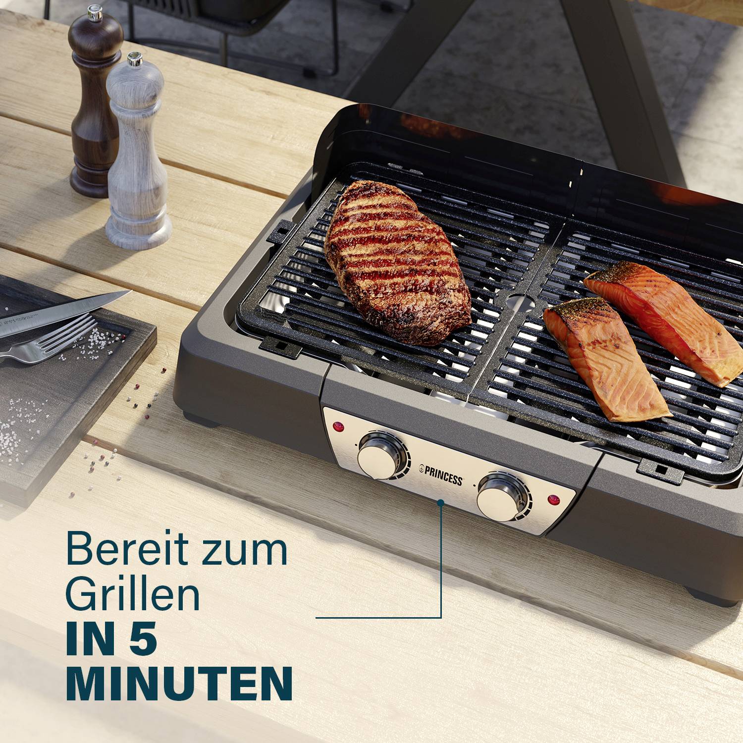 Ein elektrischer Grill mit einem Steak und zwei Lachsfilets. Text auf dem Bild: 'Bereit zum Grillen in 5 Minuten'.