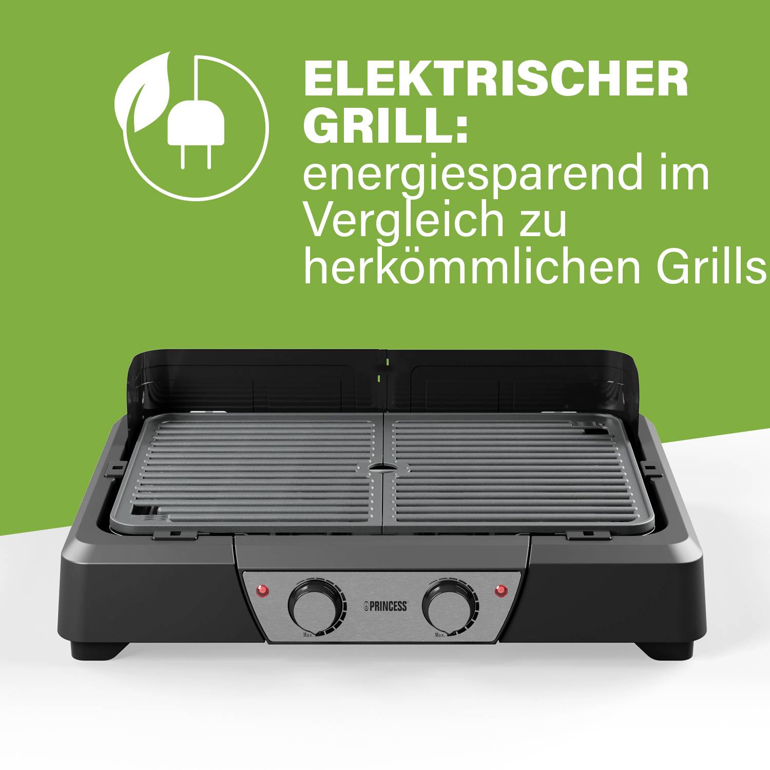 Elektrischer Grill von Princess mit grauem Gehäuse und zwei roten Schaltern, beworben als energiesparend im Vergleich zu herkömmlichen Grills.