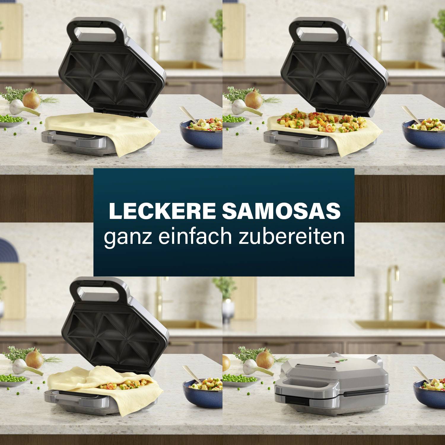 Leckere Samosas mit Gemüsefüllung werden in einem Sandwichmaker zubereitet. Text: 'Leckere Samosas ganz einfach zubereiten'.