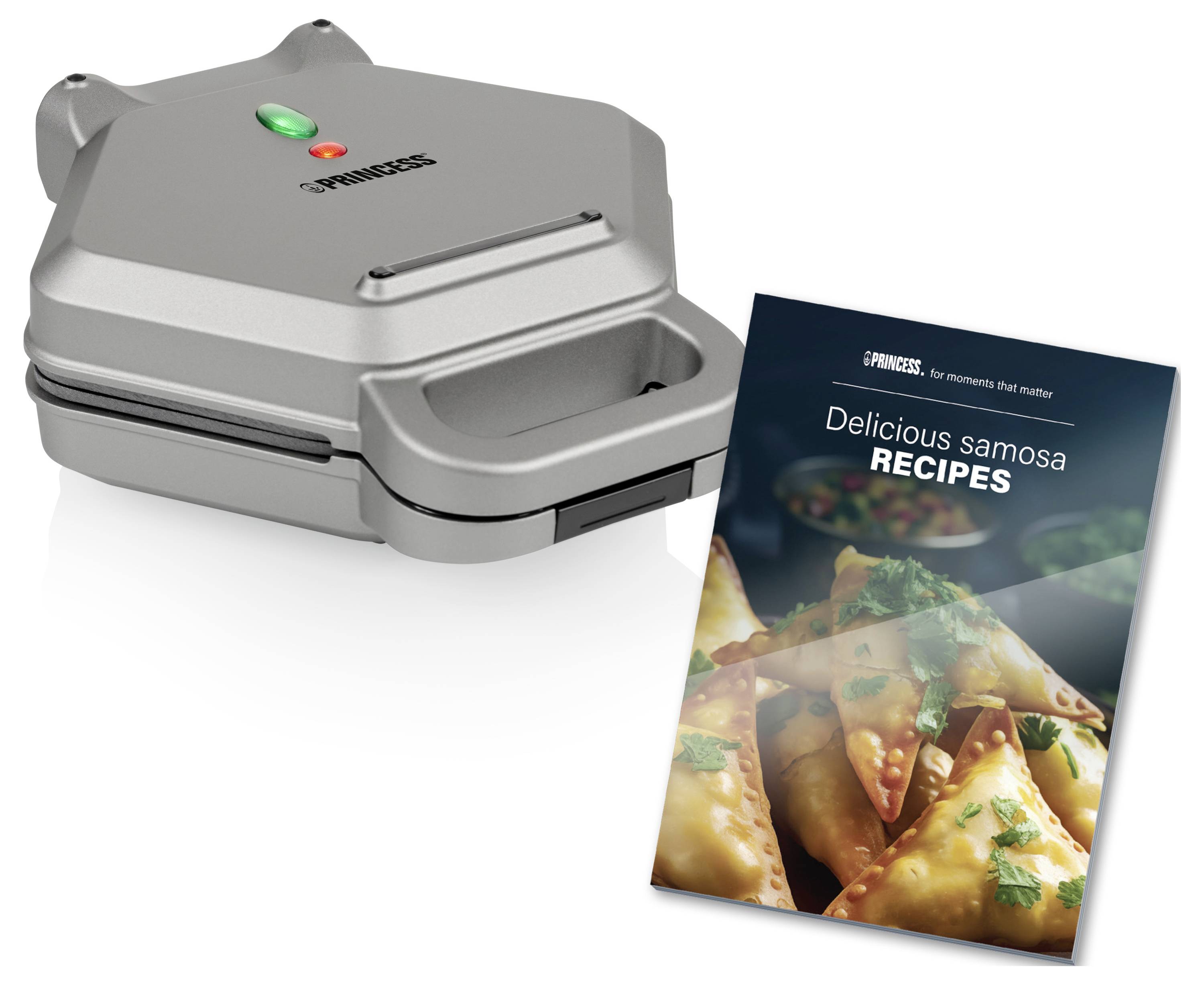Elektrisches Waffeleisen neben einem Rezeptbuch mit dem Titel 'Delicious samosa RECIPES'. Hauptfokus auf Küchengerät und Thema.