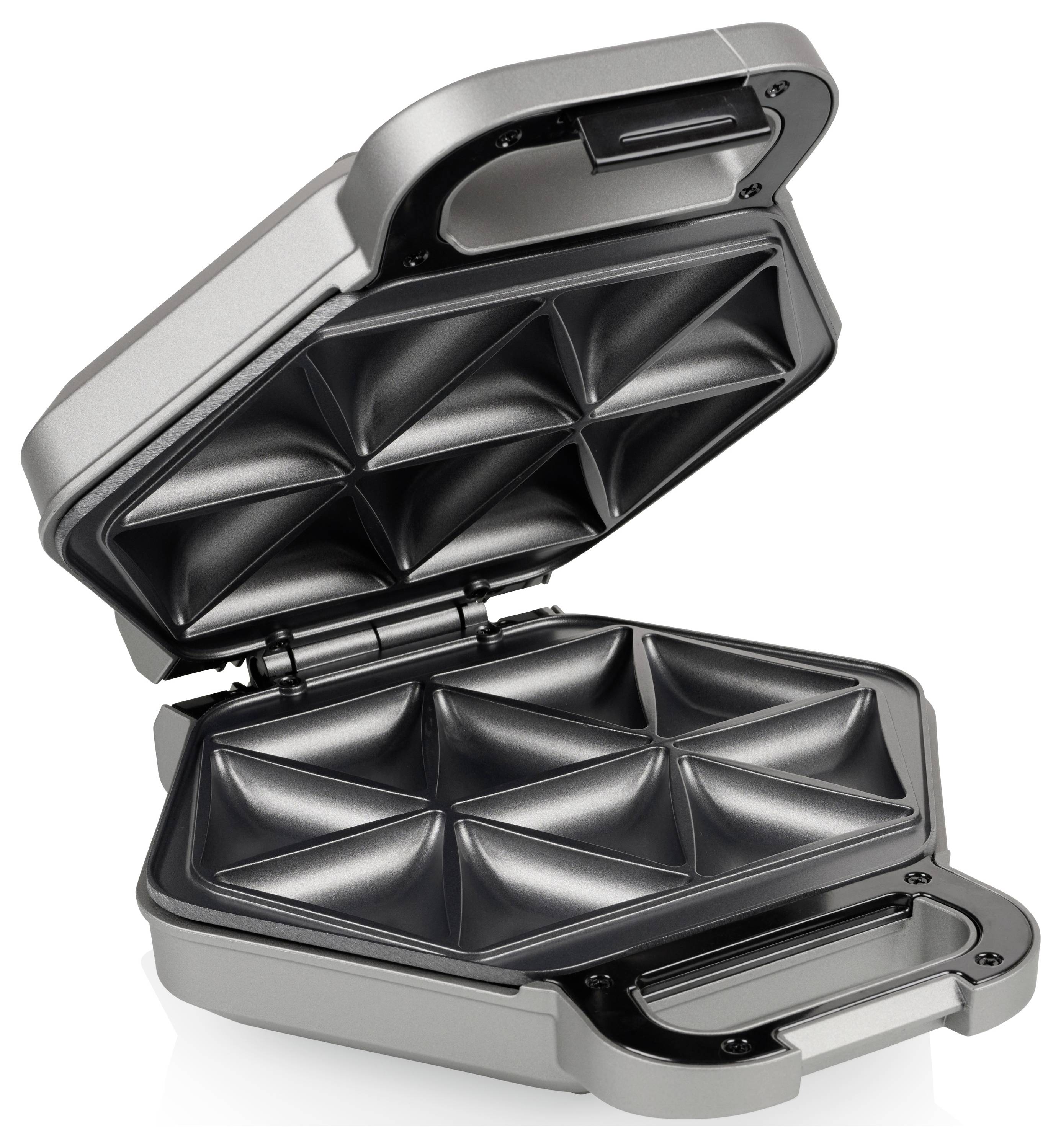 Geöffnetes Waffeleisen mit sechseckigen Formen, geeignet für die Herstellung von belgischen Waffeln.