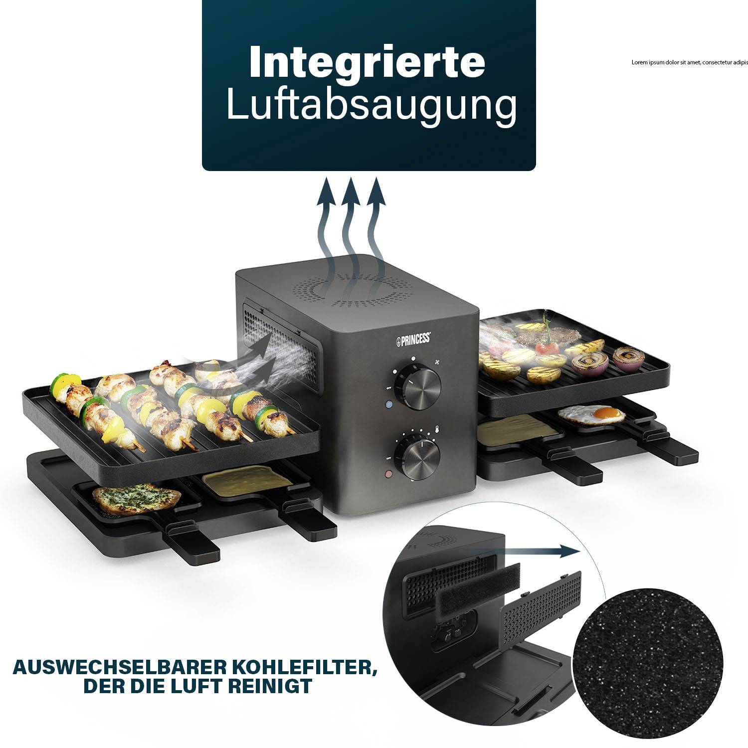 Kochgerät mit integrierter Luftabsaugung. Vier Grillplatten mit wechselbaren Kohlefiltern zur Luftreinigung.
