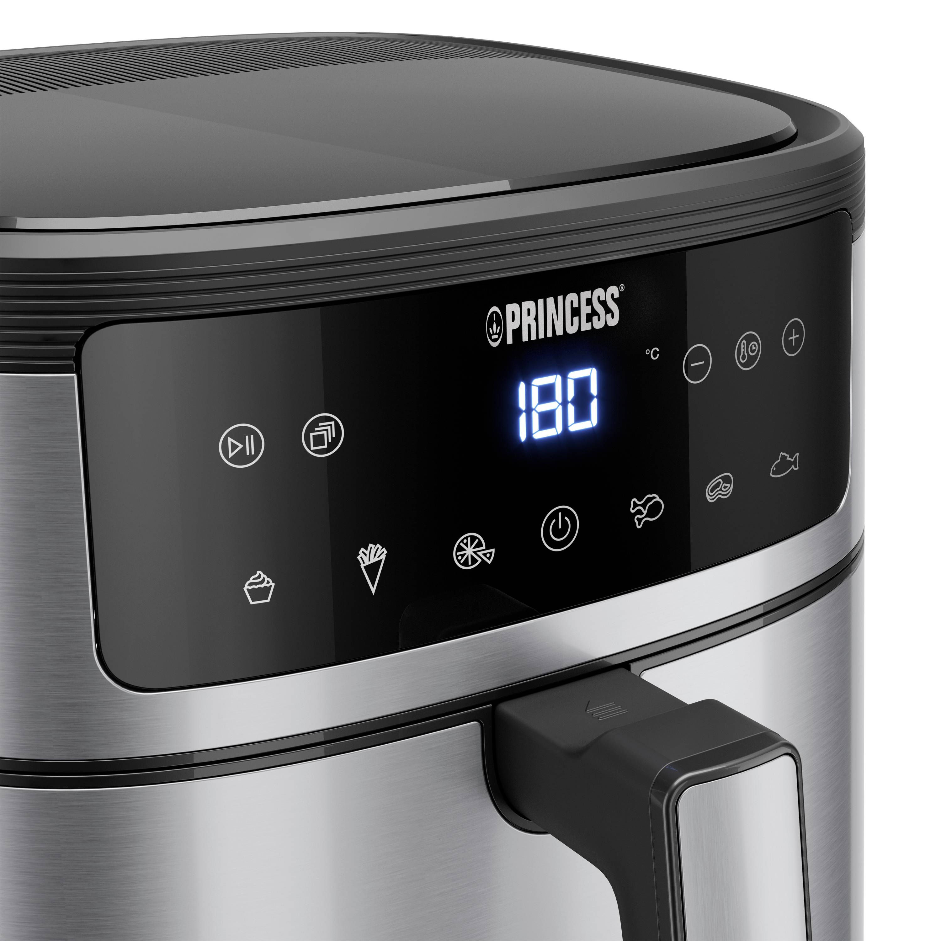 Nahaufnahme einer modernen Heißluftfritteuse. Auf dem Display steht die Temperatur '180'. Bedienungstasten und Symbole sind sichtbar.