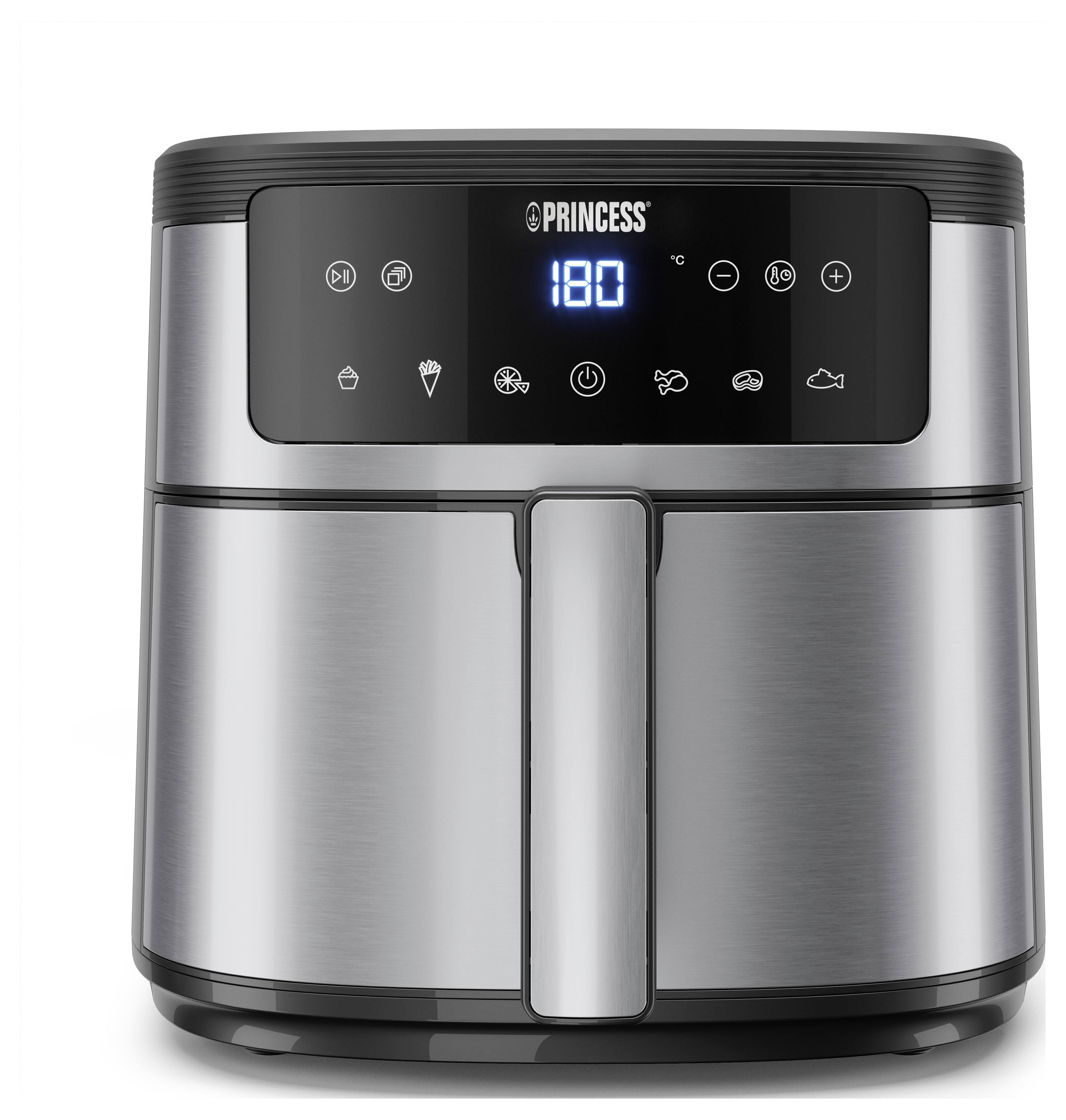 Heißluftfritteuse aus Edelstahl mit digitalem Display, Temperaturanzeige bei 180 Grad, und symbolischen Bedientasten für verschiedene Speisen.