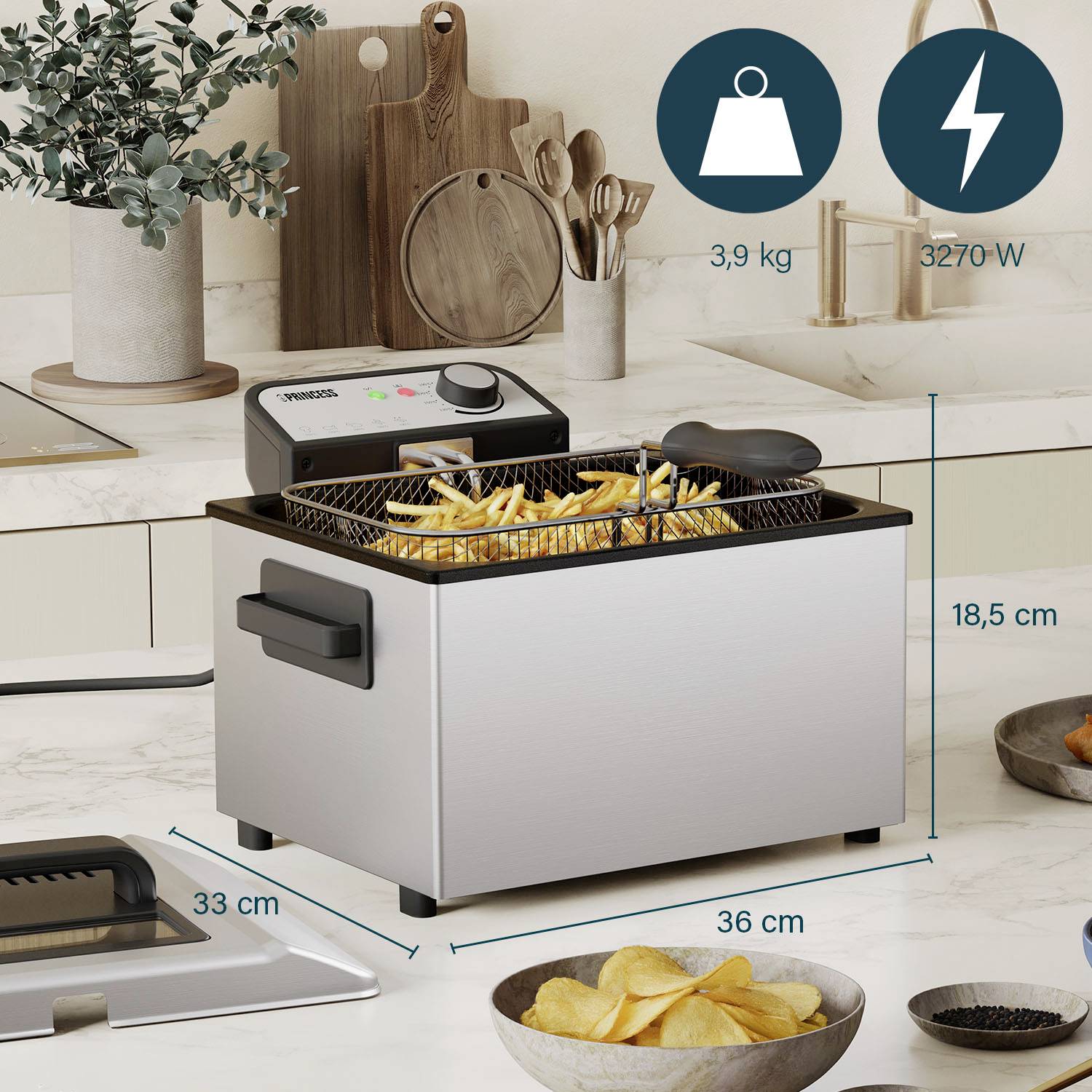 Princess Fritteuse 5l 3270W Antihaftbeschichtung, Überhitzungsschutz Silber, Schwarz
