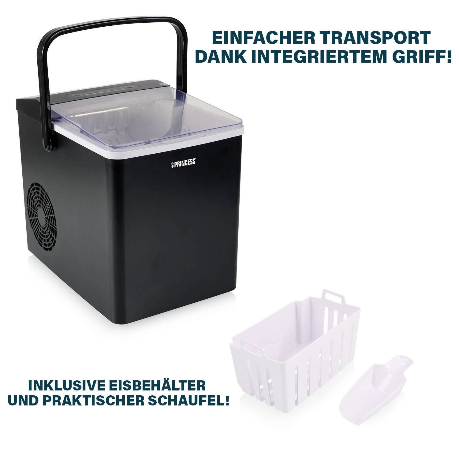 Schwarze Eismaschine mit transparentem Deckel und Tragegriff. Text erklärt integrierten Griff für einfachen Transport. Enthält Eiskorb und Schaufel.