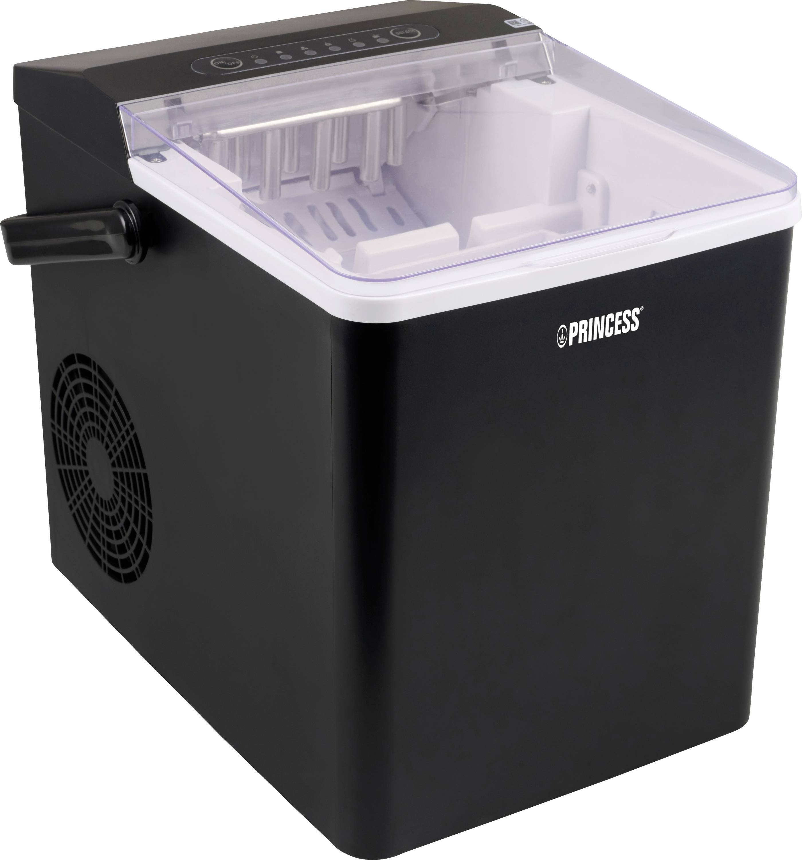 Eine schwarze Eismaschine mit transparentem Deckel, die den Markennamen auf der Vorderseite zeigt. Ideal für den Hausgebrauch.