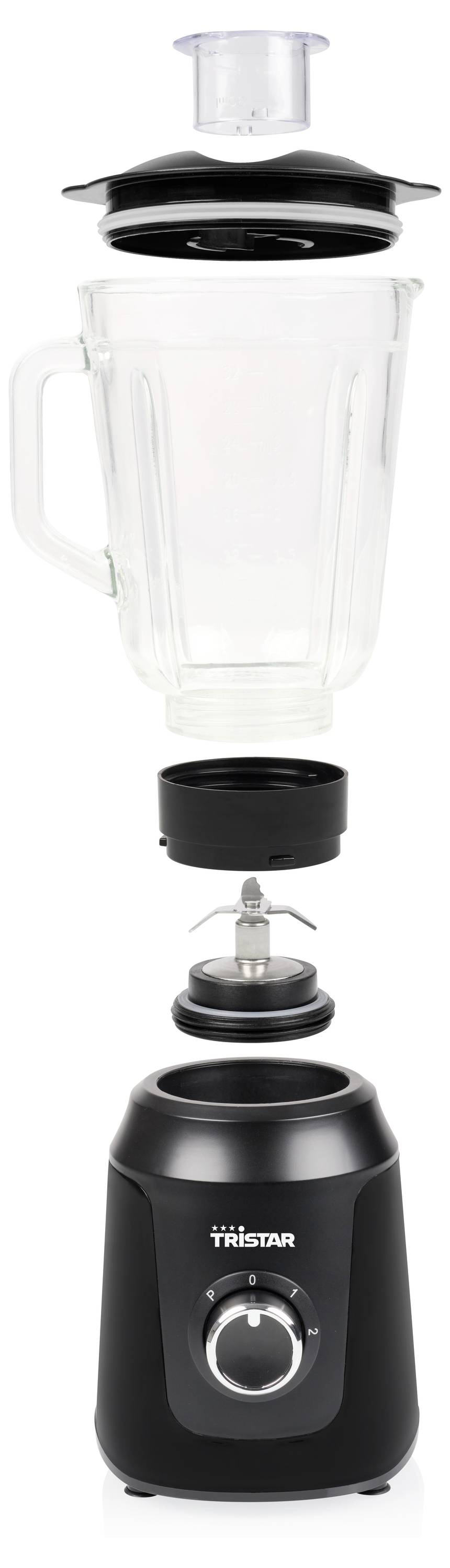 Ein schwarzer Standmixer in zerlegter Ansicht: Basis mit Drehknopf, abnehmbare Klinge, Glasbehälter mit Griff und Deckeloberteil.