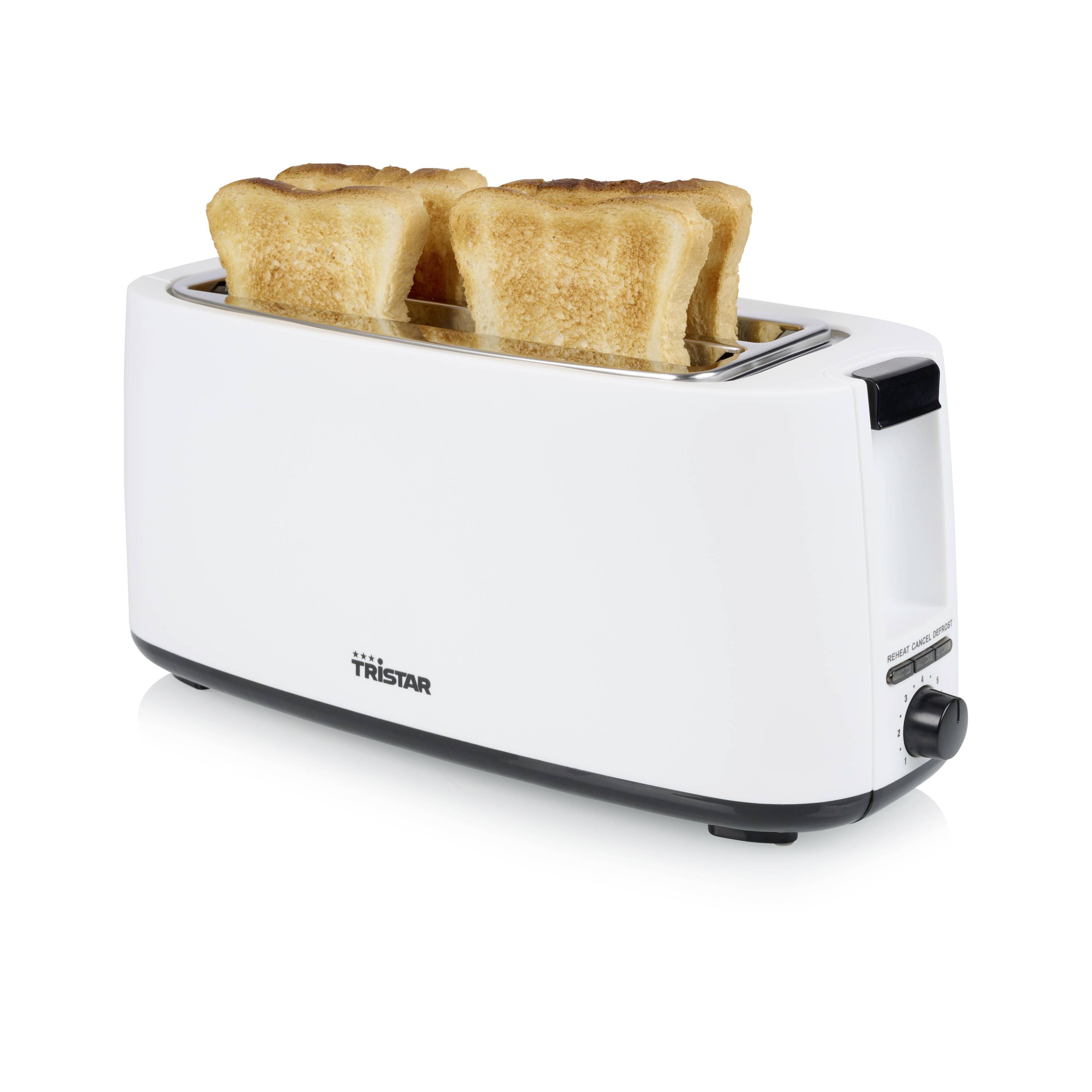 Ein weißer Toaster mit zwei goldbraunen Toastscheiben ragt aus den Schlitzen hervor.