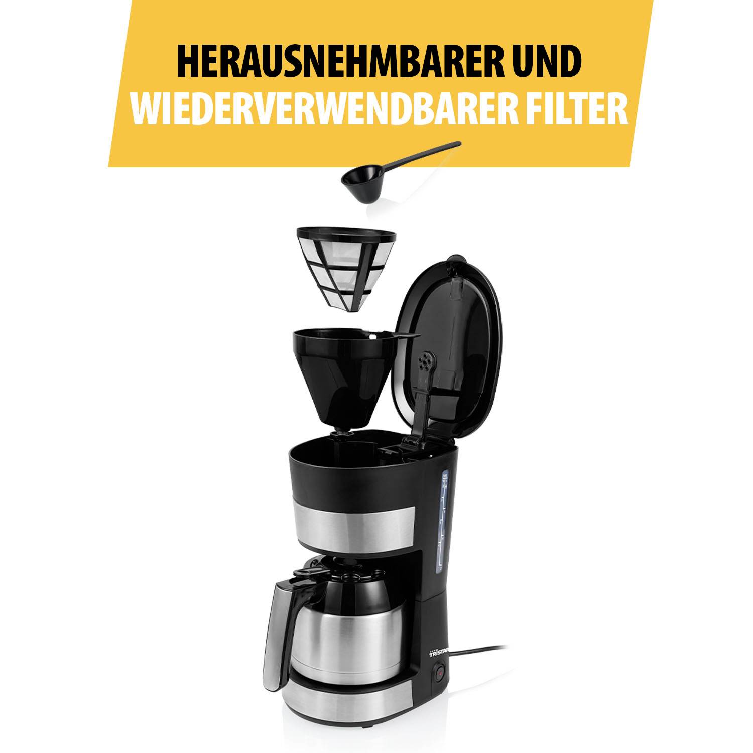 Kaffeemaschine mit geöffneter Klappe und herausnehmbaren, wiederverwendbaren Filter. Text: 'Herausnehmbarer und wiederverwendbarer Filter'.