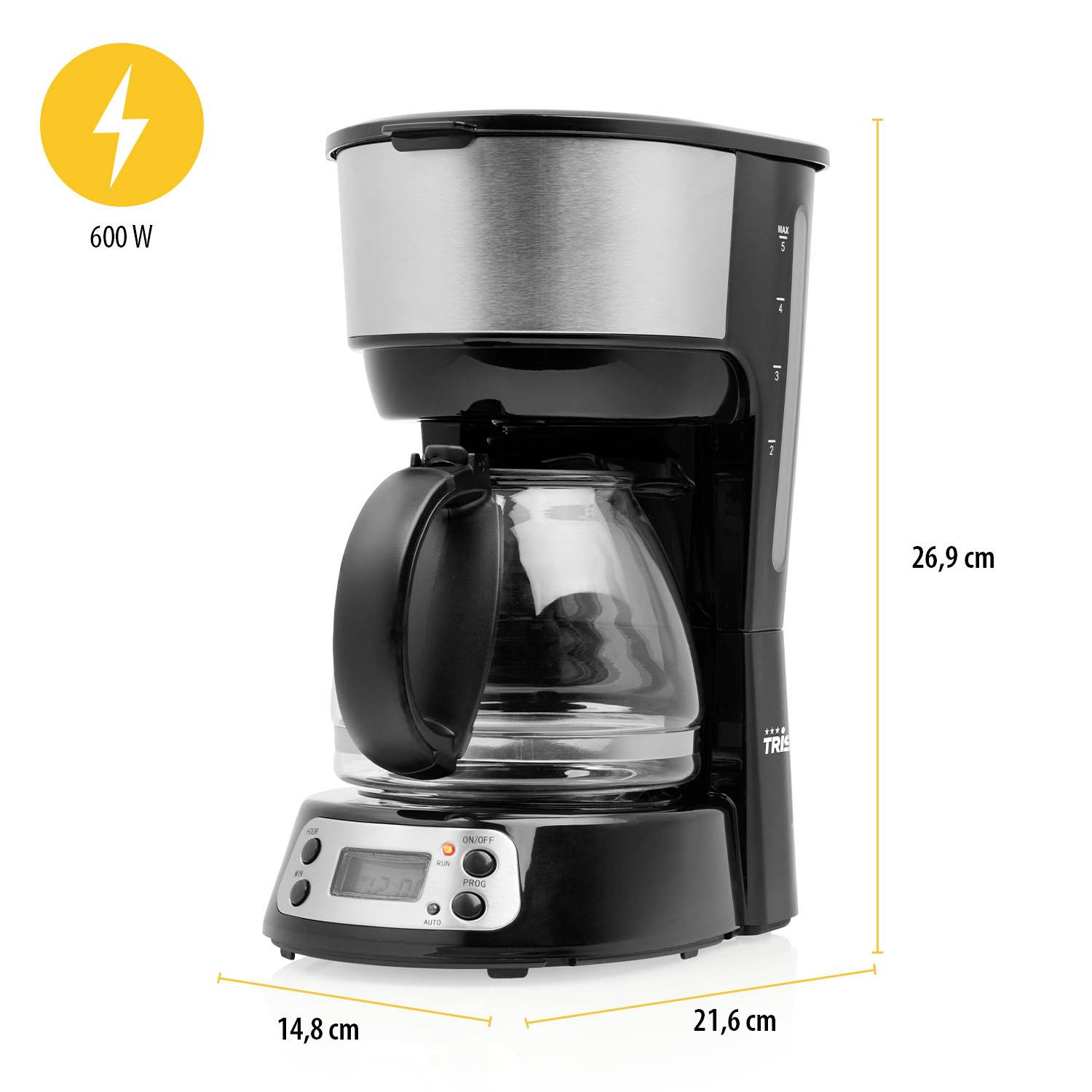 Kaffeemaschine mit Glaskanne, 600 W Leistung. Maße: 26,9 cm hoch, 21,6 cm breit, 14,8 cm tief. Digitale Anzeige unten links.
