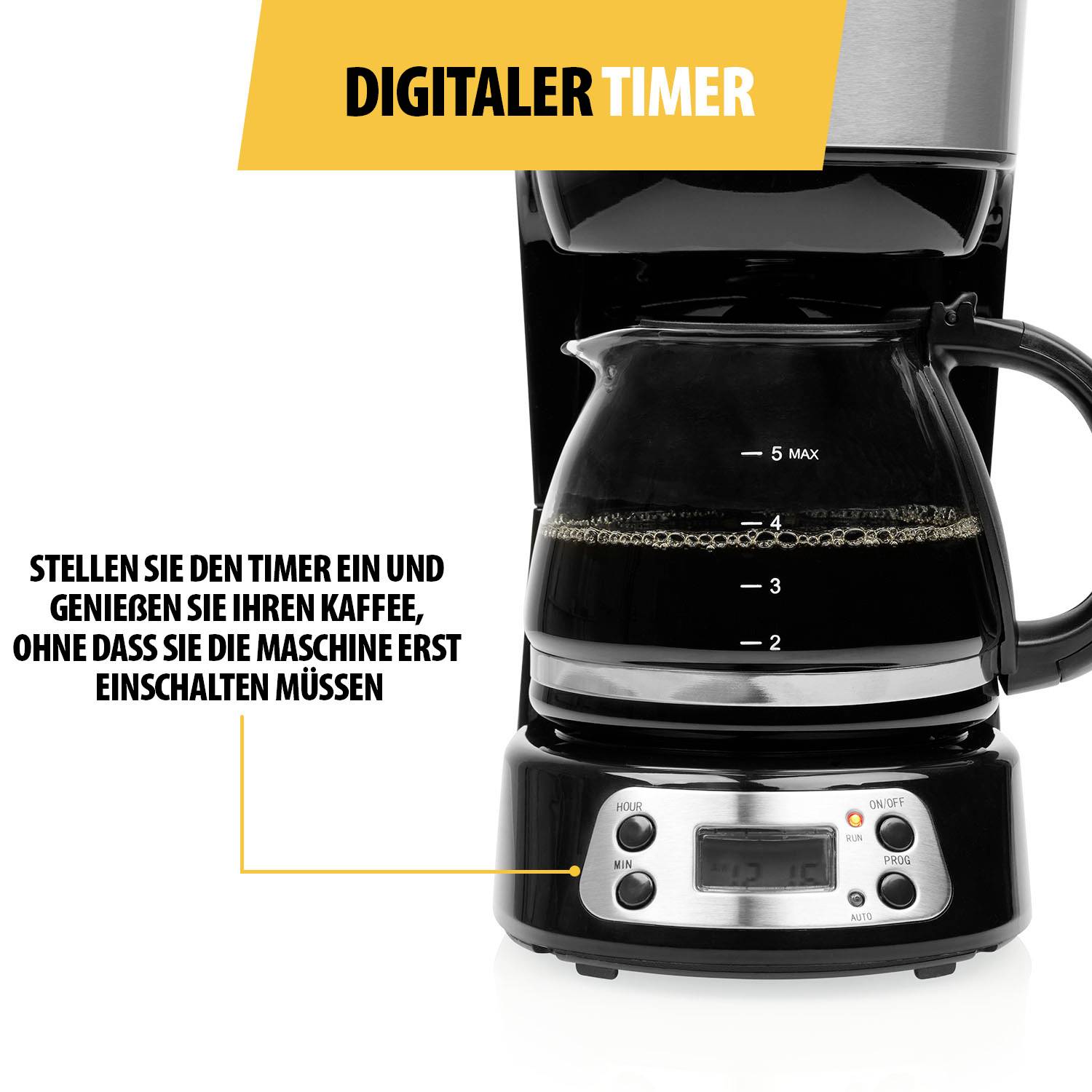 'Digitale Kaffeemaschine mit Timer-Funktion.' Text: 'Stellen Sie den Timer ein und genießen Sie Ihren Kaffee, ohne ihn zuerst einschalten zu müssen.'