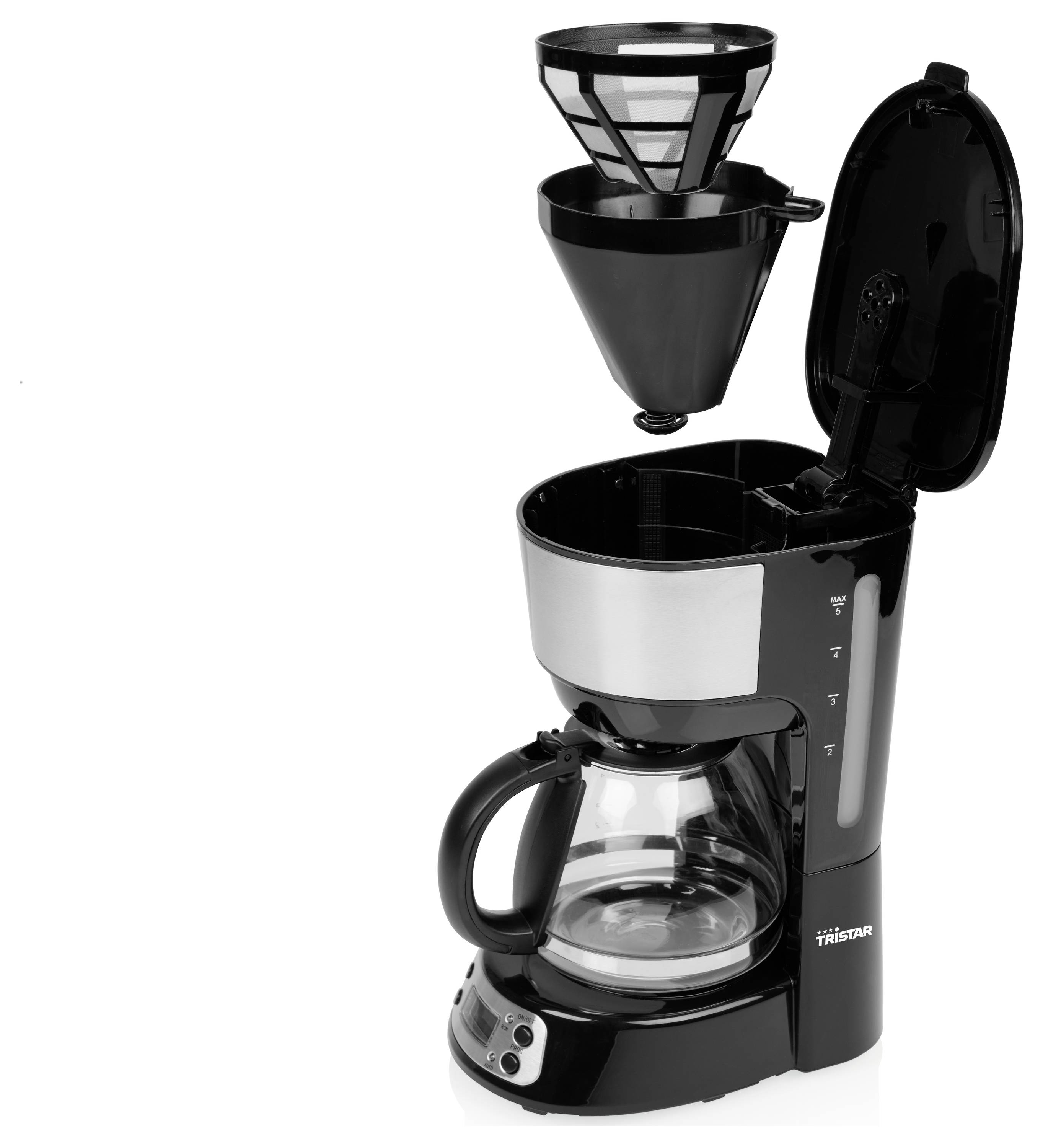 Eine Kaffeemaschine mit abgenommenem Filtereinsatz. Die Glaskanne unten ist leer. Der Wassertank ist offen.